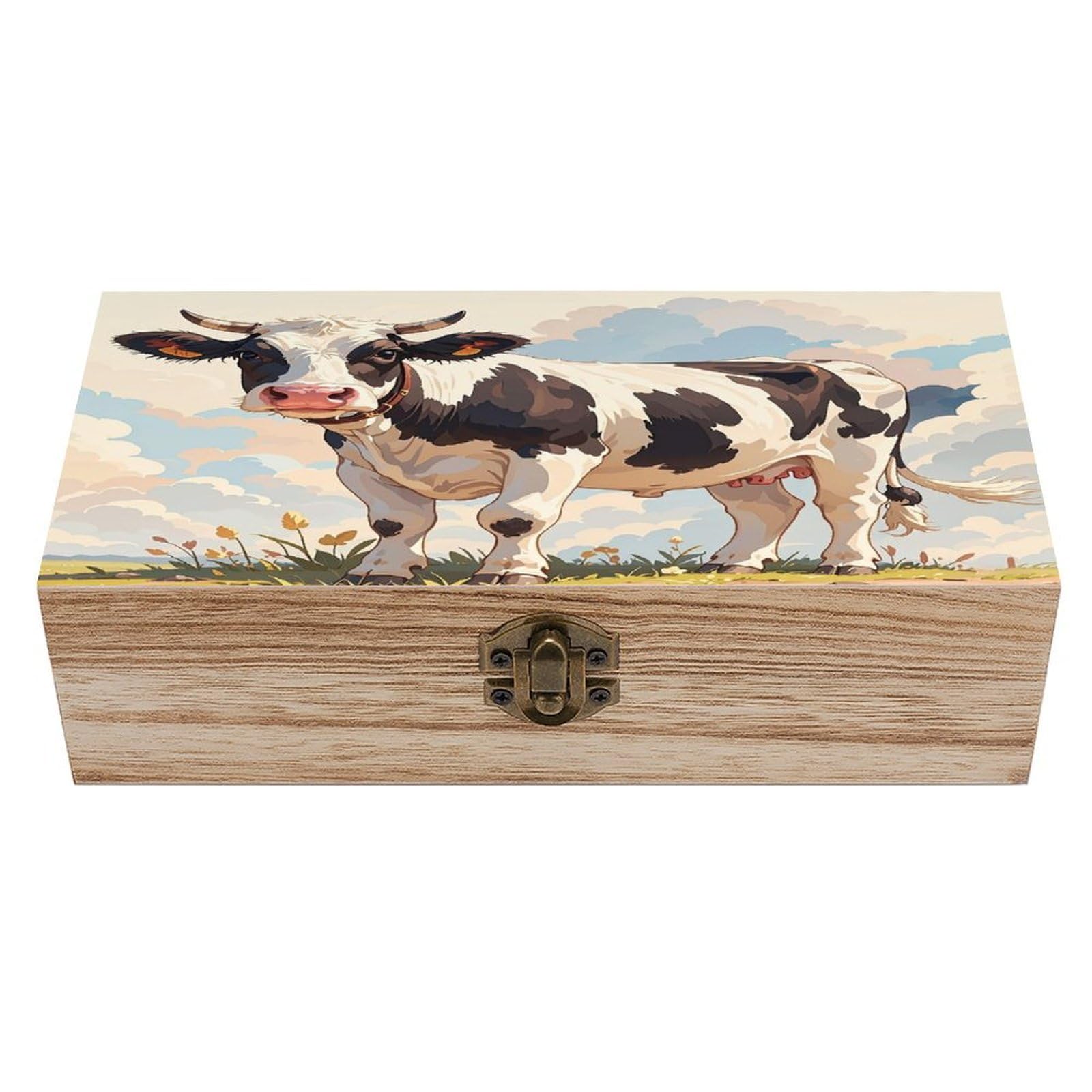 asbwuo Dairy Cow Wood Keepsake Box Wooden Box with Hinged Lid