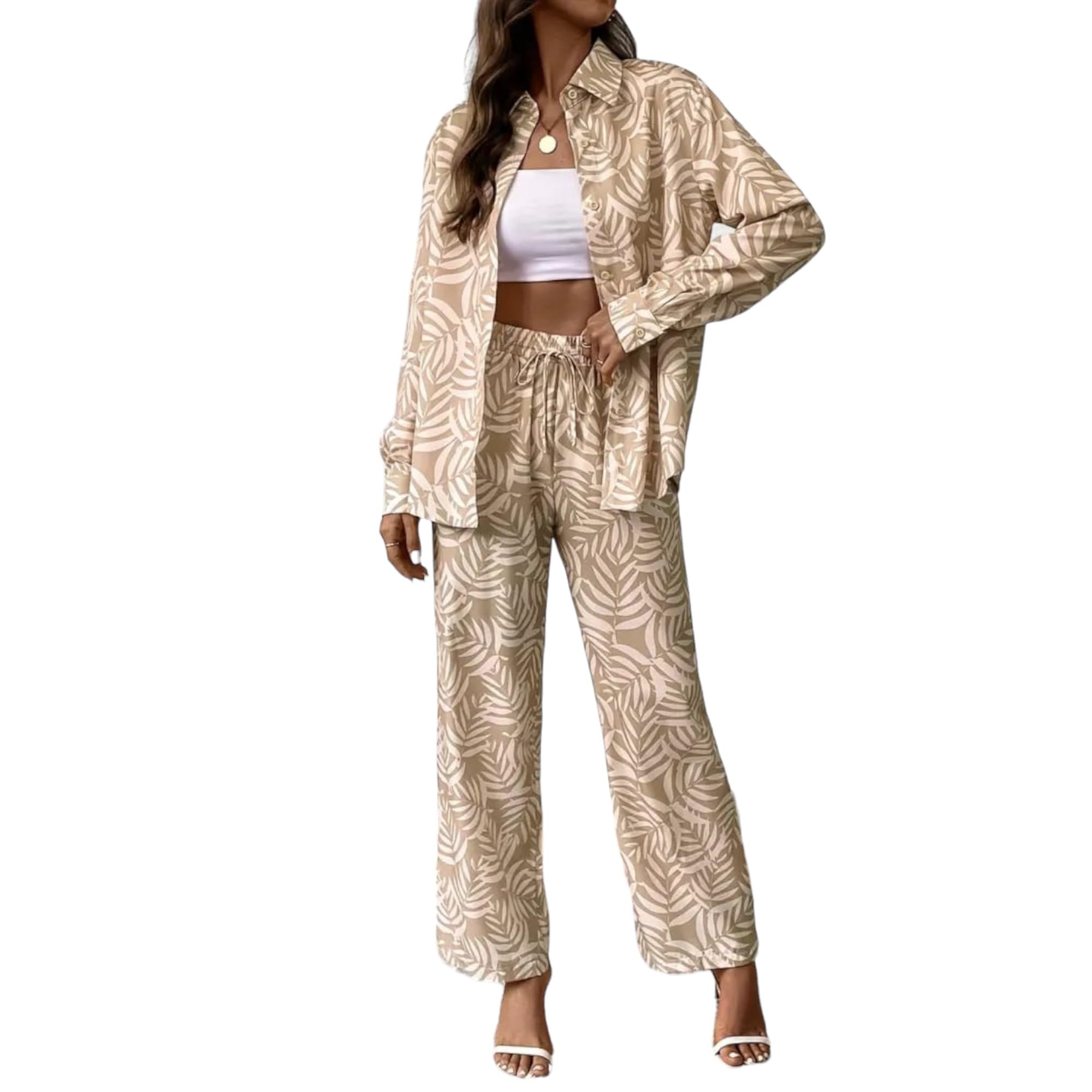 Gufrina Women's Polyester Co-Ord Set With Button-Up Top & Wide Leg Pant 3/4Th Sleeves Collar Neck Printed Pattern Regular Fit And Standard Length