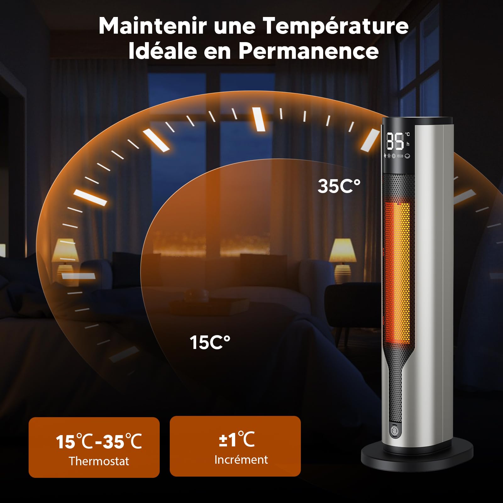 Ultra Silencieux Chauffage d’Appoint 2000W PTC - Radiateur Electrique Économe & Sécurisé, 3 Modes & ECO, Anti-chute/Surchauffe, Télécommande, Minuterie, Chauffage Soufflant Rapide pour Bureau/Chambre