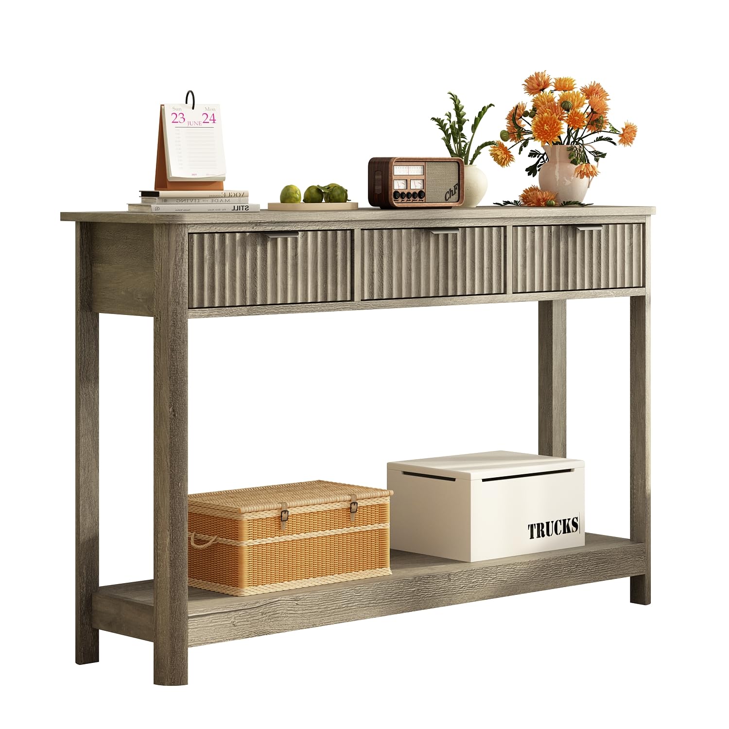 RUSTOWN Fluted Wood Console Table with 3 Drawers, 47.2" Modern Farmhouse Sofa Table & Entryway Table with Open Storage Shelf, Narrow Hallway Table for Living Room, Foyer and Hallway (Washed Oak)