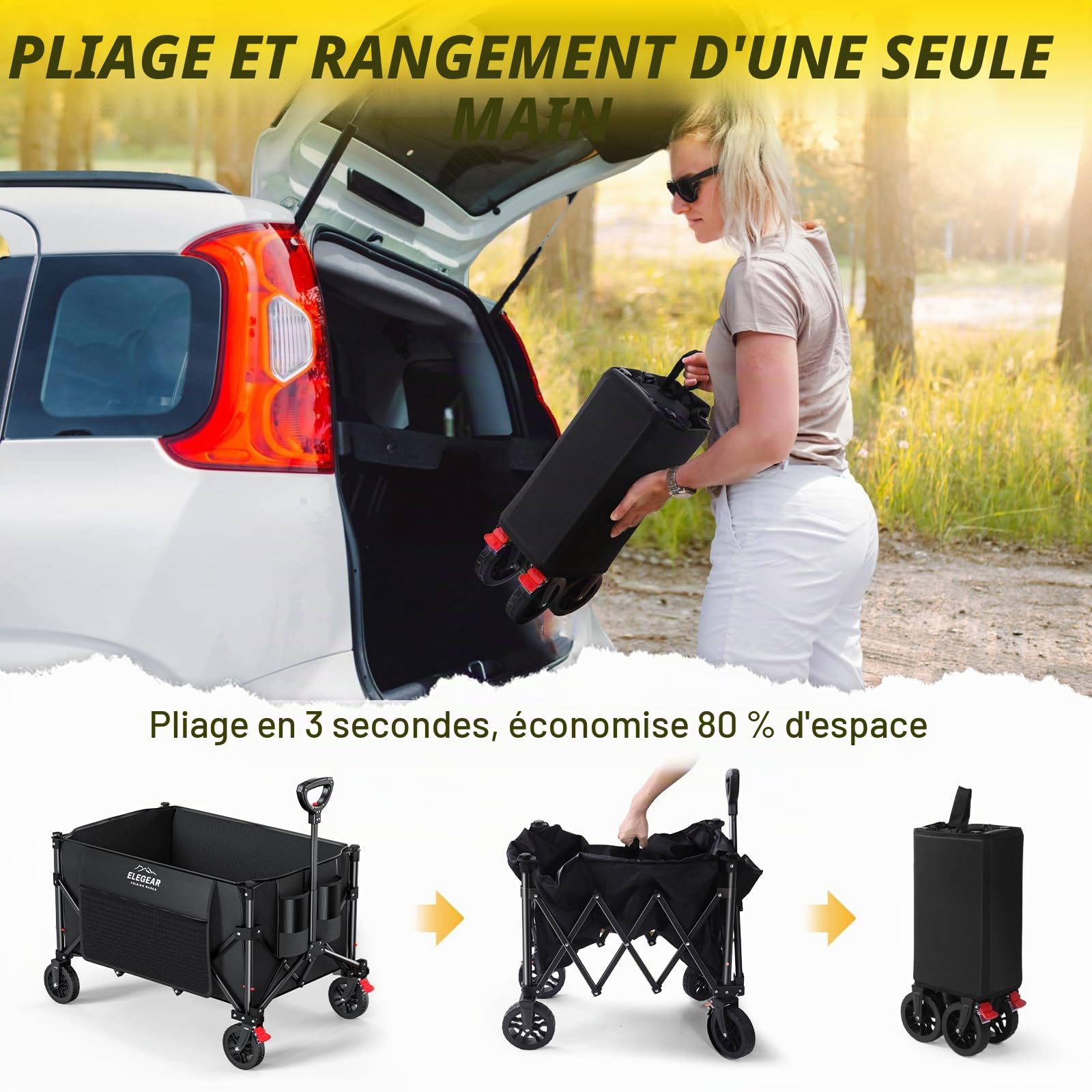 Elegear XXL Chariot de Plage avec Freins 150KG 150L, Chariot Pliable avec Poignée Réglable, Beach Wagon - roulettes Tout Terrain - pour Jardin, Extérieur Camping, Pique-Nique
