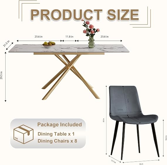 59 Modern Expandable Dining Table for 6-8, Expanding Kitchen Table with 8 PU Leather Grey Chairs and Sintered Stone Top, Space-Saving, White Gold X-Shaped Tables