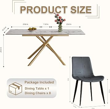 59 Modern Expandable Dining Table for 6-8, Expanding Kitchen Table with 8 PU Leather Grey Chairs and Sintered Stone Top, Space-Saving, White Gold X-Shaped Tables