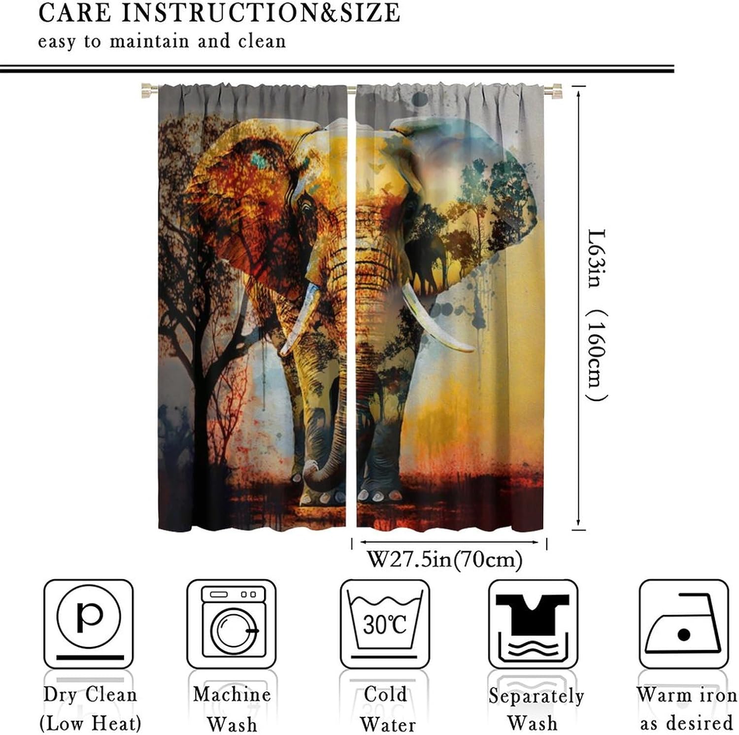 Rustic African Wildlife Elephant Curtains for Living Room, Abstract Modern Art Nature Landscape Animal Silhouette Sunset Tree Rod Pocket Thermal Insulated,Window Drapes 2 Panels 63"L x 27.5"W