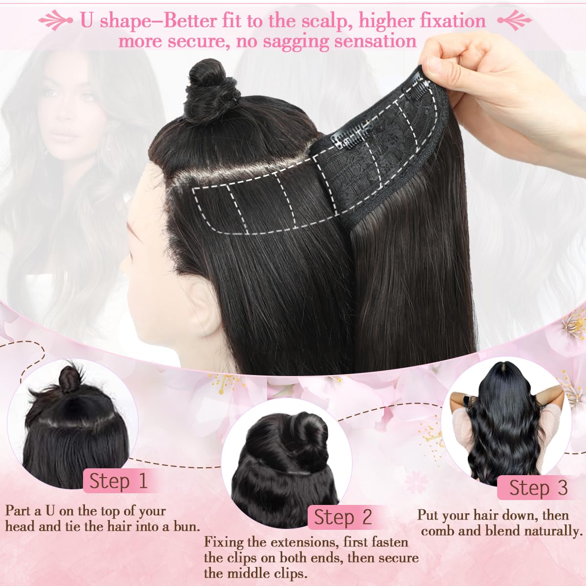 VEGALILY 1PCS Hair Extensions 20inch U-shape Clip in Hair Extension Black Hair Extensions Clip in Layered Wavy Hair Extension Synthetic Hair Pieces for women for Daily Use - Image 3