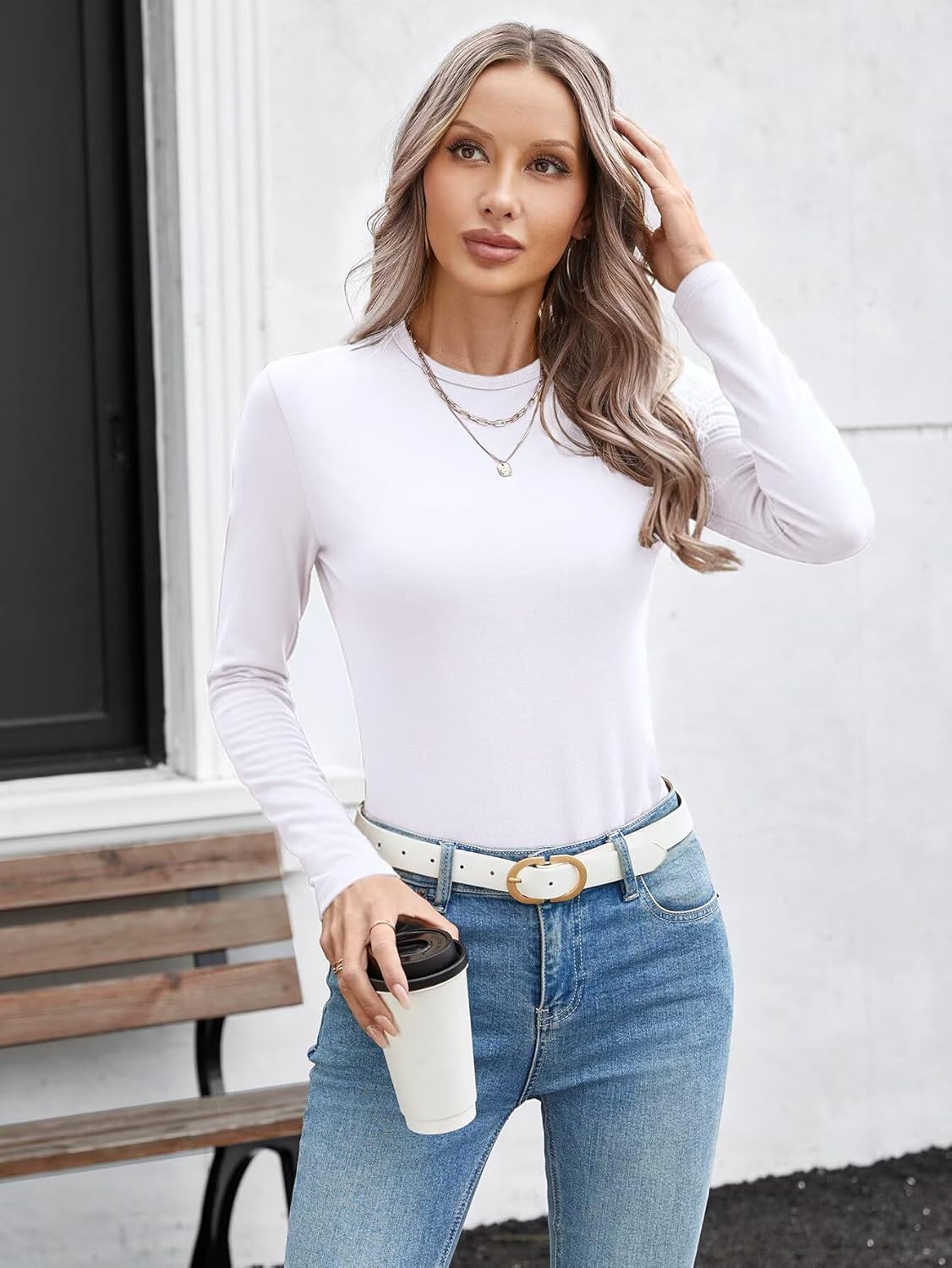 SANDERY Womens Round Neck Long/Short Sleeve Shirts Ribbed Casual Slim Fitted Tops Blouses - Image 5