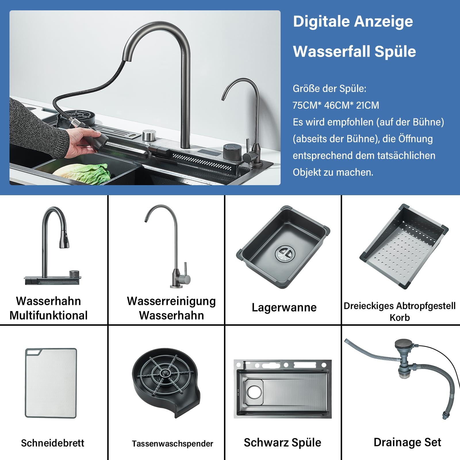 Lavello da cucina a cascata, nero, 75 x 45 cm, 1 vasca, in acciaio inox, rettangolare, troppopieno e scarico, multifunzionale, moderno lavello a cascata con rubinetto per acqua potabile