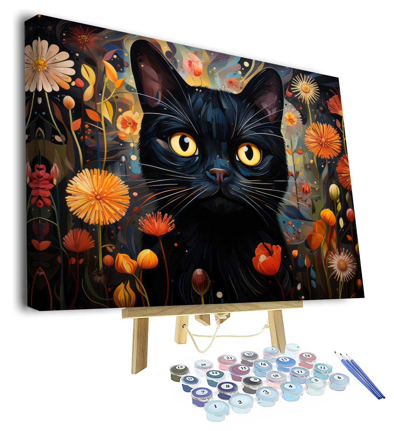 TISHIRON Adult Paint by Numbers Kit - Black Cat & Floral Bouquet Color by Number on Canvas, Charming Gothic DIY Art Crafts for Adults - 16x20 Inch, Framed