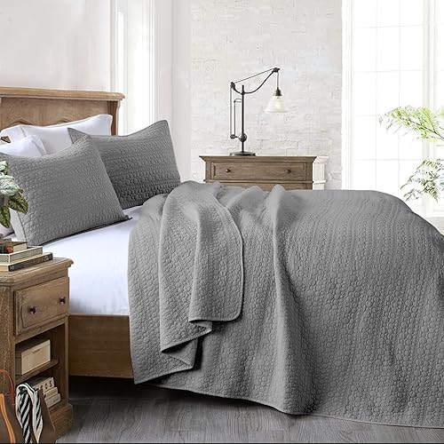 Miniatura 7 de HORIMOTE HOME - Juego de edredón con patrón clásico de puntos geométricos cosidos, microfibra lavada a la piedra, aspecto chic rústico, acolchado,