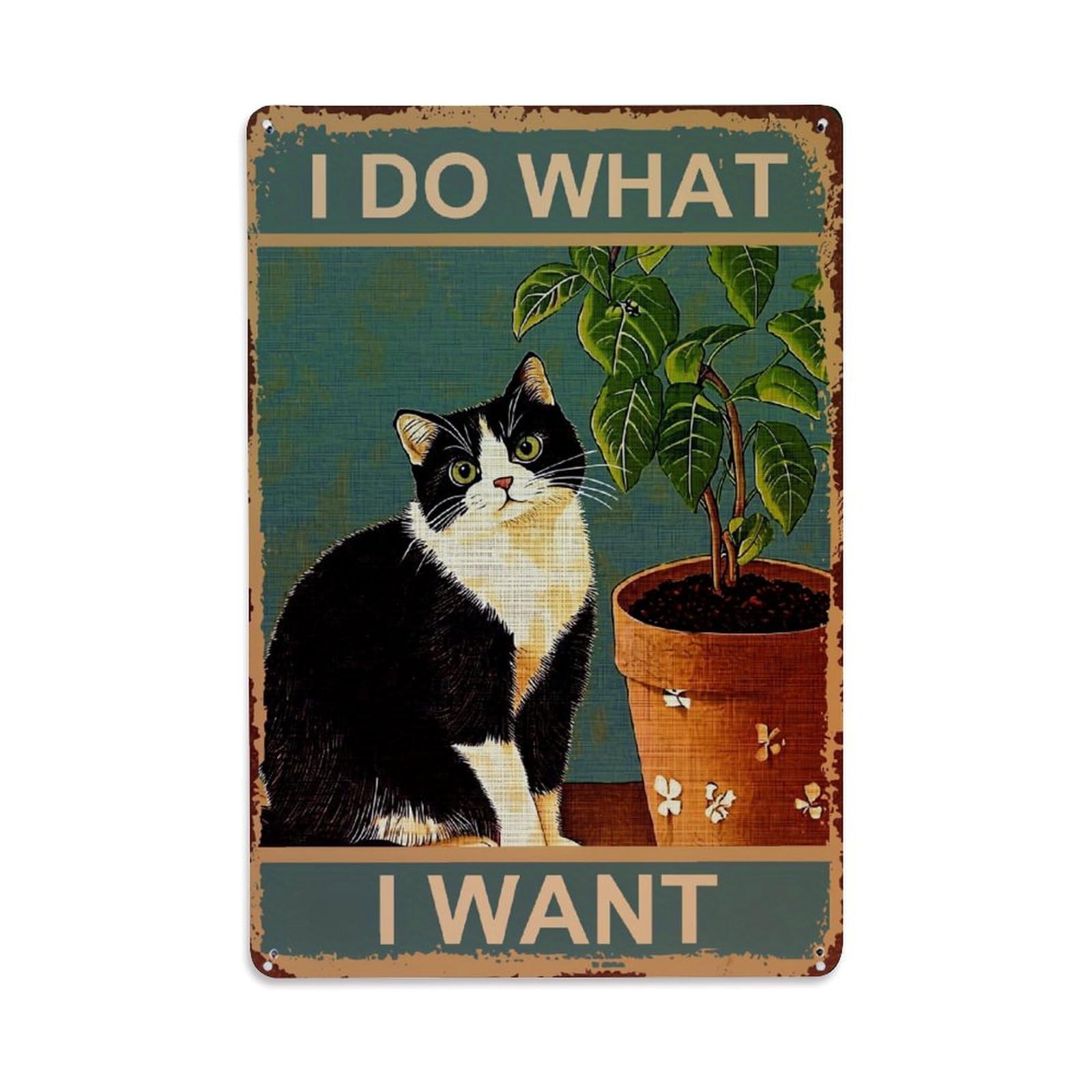 Nestemfo Vintage Cat Sitting Beside Potted Plant Tin Sign Metal Sign, Living Room,Bar, Home, Bedroom Wall Decor,Retro Metal Poster 8X12 Inches