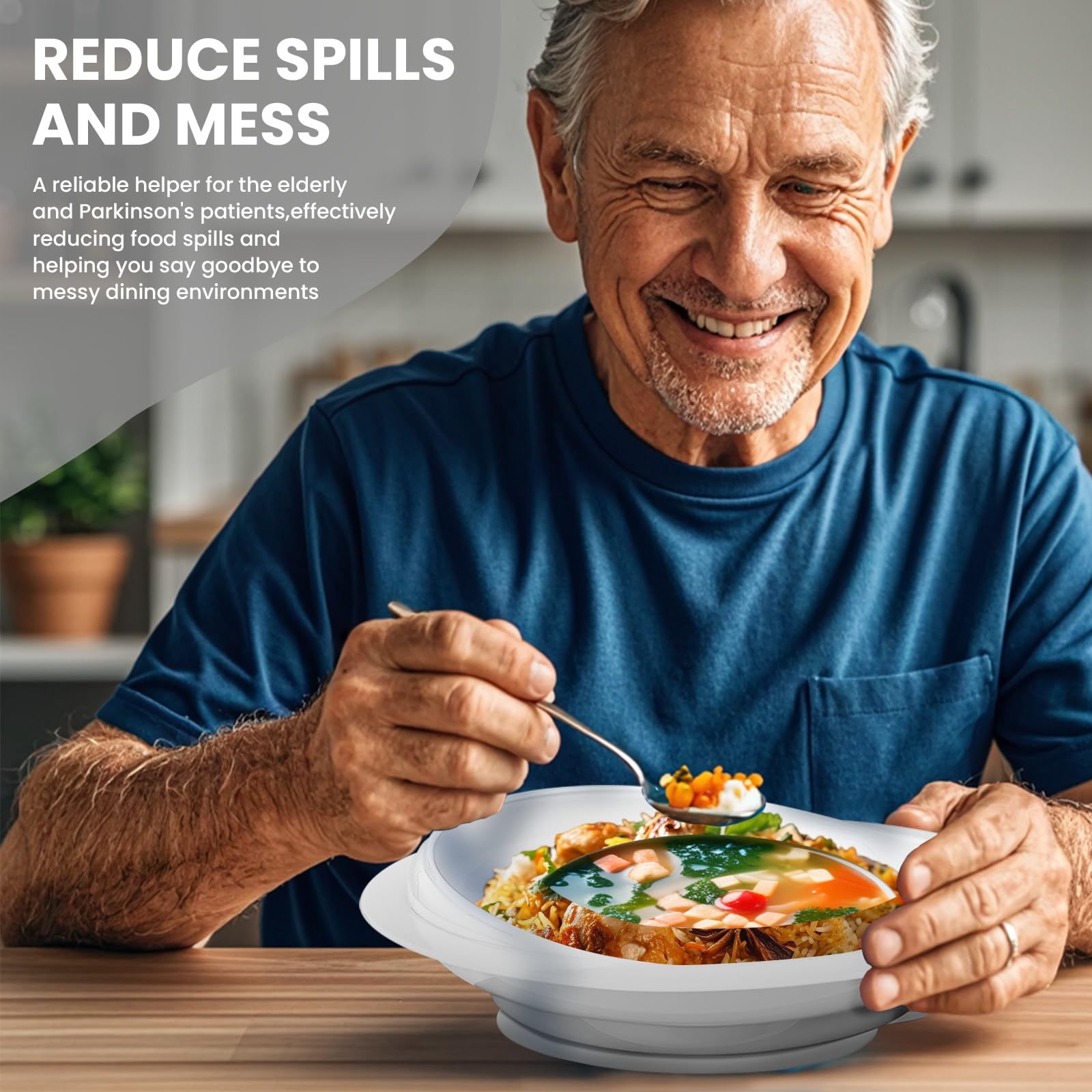 Paquete de 2 platos a prueba de derrames con base de succión antideslizante, vajilla adaptativa de autoalimentación para ancianos y discapacitados (blanco)