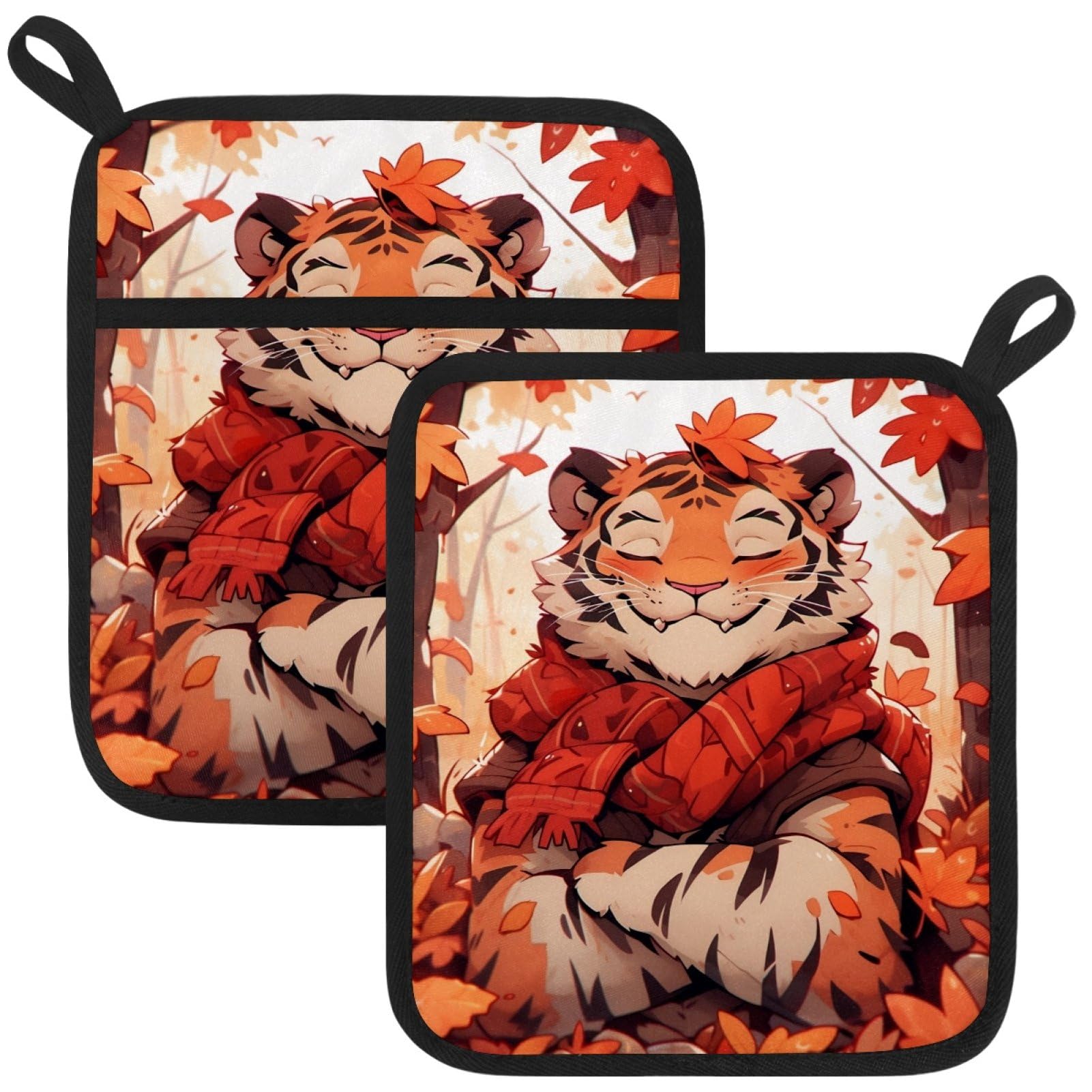 VAPOKF Autumn Tiger Pot Holders with Pocket for Kitchen Heat Resistant Potholders Large Polyester-Cotton Square Oven Mitts Set