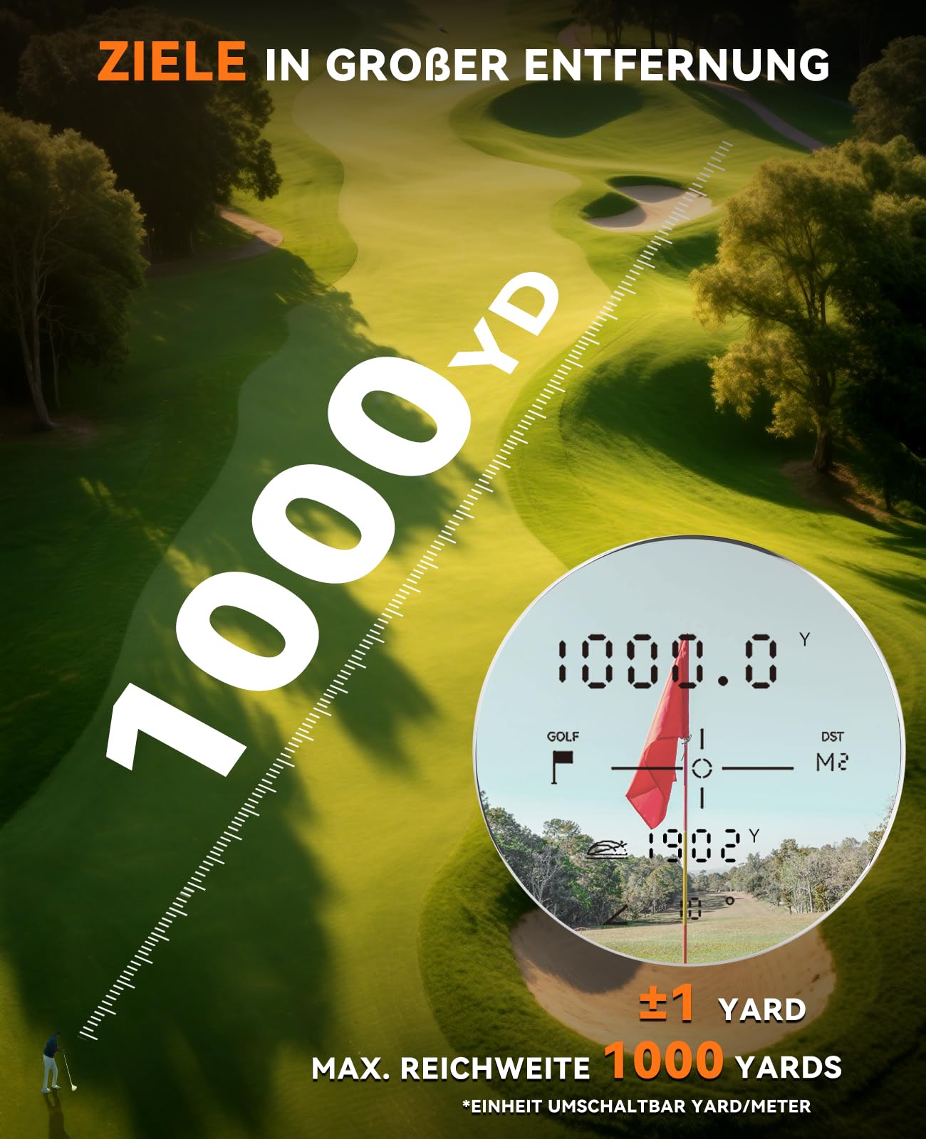SUNPOW Golf Laser Entfernungsmesser – Slope, 7X, wasserdicht, wiederaufladbar. Zwei Modelle: 1200 Yards (1100m) mit Magnetstreifen oder 1000 Yards (914m). Beide inkl. Tasche & Ladekabel.