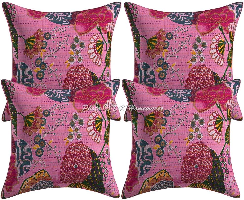 Indian Decorative Toss Throw Pillowcases 16 Inch Cotton Kantha Tropicana Bohemian Square Accent Cushion Covers (Size - 40x40 cm ; Color: Baby Pink) - Set of 4 Pcs (Cover Only)