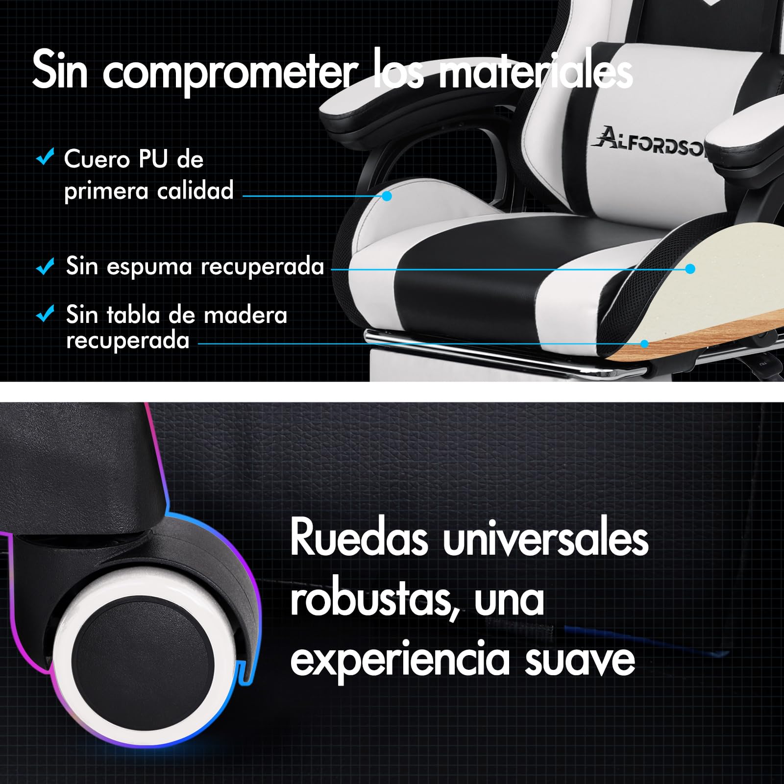 ALFORDSON LED Silla Gaming, Silla Gamer con Masaje de 8 Puntos, Silla de Ordenador Ergonómico con Iluminación RGB con Soporte Lumbar y Reposacabezas, Altura Ajustable, Blanco