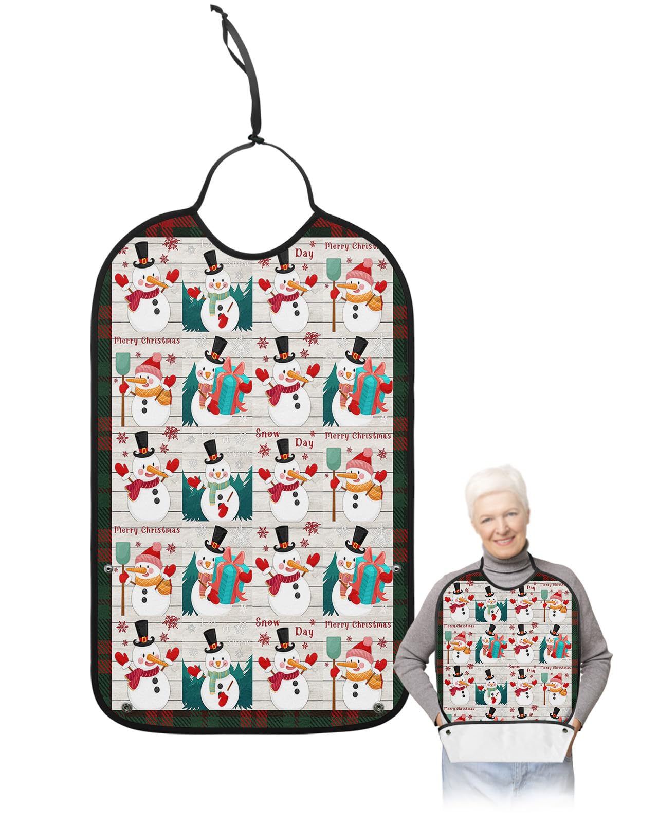 Christmas Snowman Adult Bibs for Eating, Waterproof Bibs with Food Catcher & Adjustable Snap Closure, Red Green Plaid Snowflake White Wood Washable Clothing Protectors Adult Bibs for Elderly Women/Men