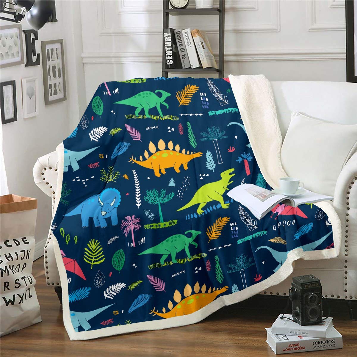 Loussiesd Kids Sherpa Blankets Cartoon Dinosaur Throw Blanket Cute Dino Fleece Blankets for Couch Sofa Travel Room Decor Lightweight Tropical Palm Leaf Plush Throw Blankets Colorful Double 60"x79"