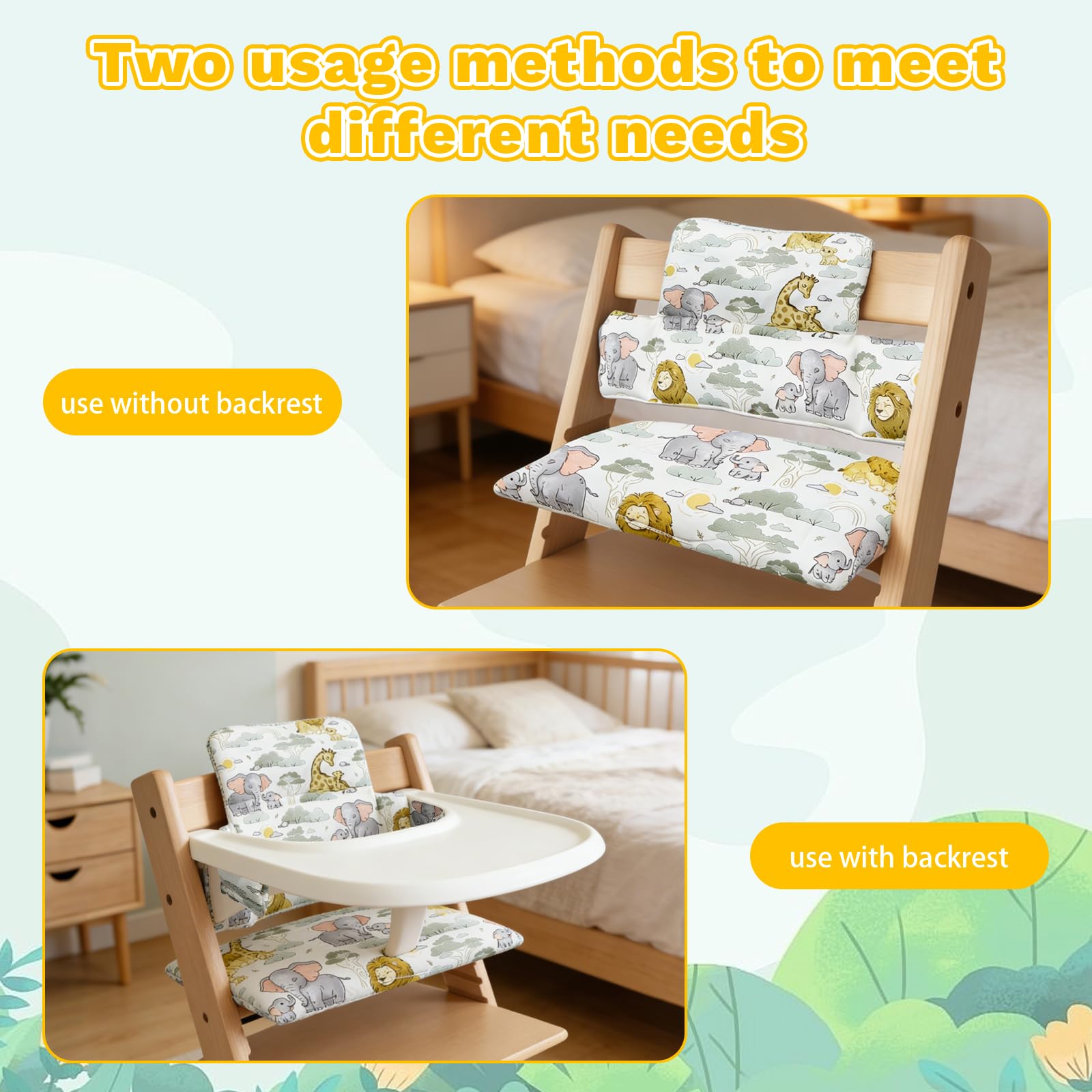 Cuscini per Seggiolone Stokke Tripp Trapp, 2 Pezzi Antiscivolo Cuscino per Seggiolone Pappa Impermeabile Cuscino Sedia Bambini Modelli Animali Cotone PP ad Alta Resilienza