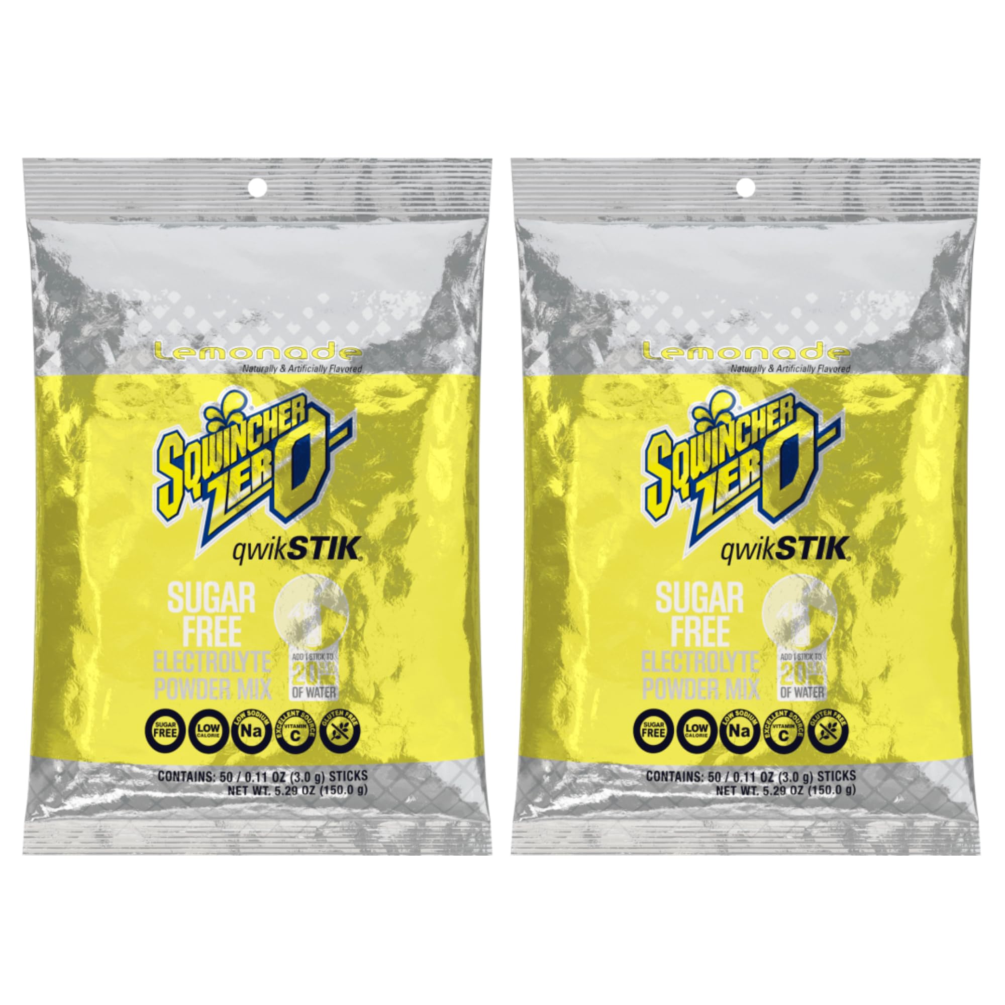 SqwincherZero Qwik Stik - Sugar Free Electrolyte Powdered Beverage Mix, 50 Count Bag, 2 Pack (100 Sticks Total) (Lemonade)