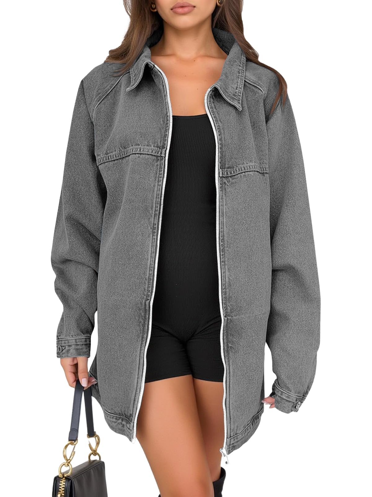 Tankaneo Womens Oversized Denim Jacket Fall Long Sleeve Zip up Jean Jackets
