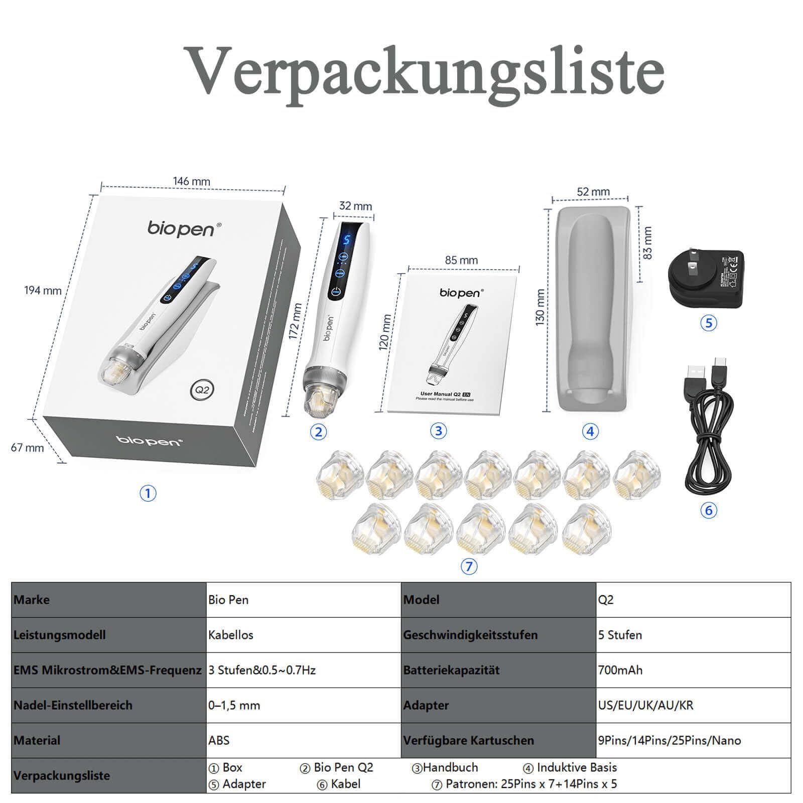 Bio Pen Q2 Beauty Pen Set mit 12 Ersatzkartuschen (5x14 Pin & 7x25 Pin), kabellos, LED Display, 5 Stufen, wiederaufladbar, kosmetisches Hautpflegegeraet fuer Gesicht Hals Koerper Zuhause Studio