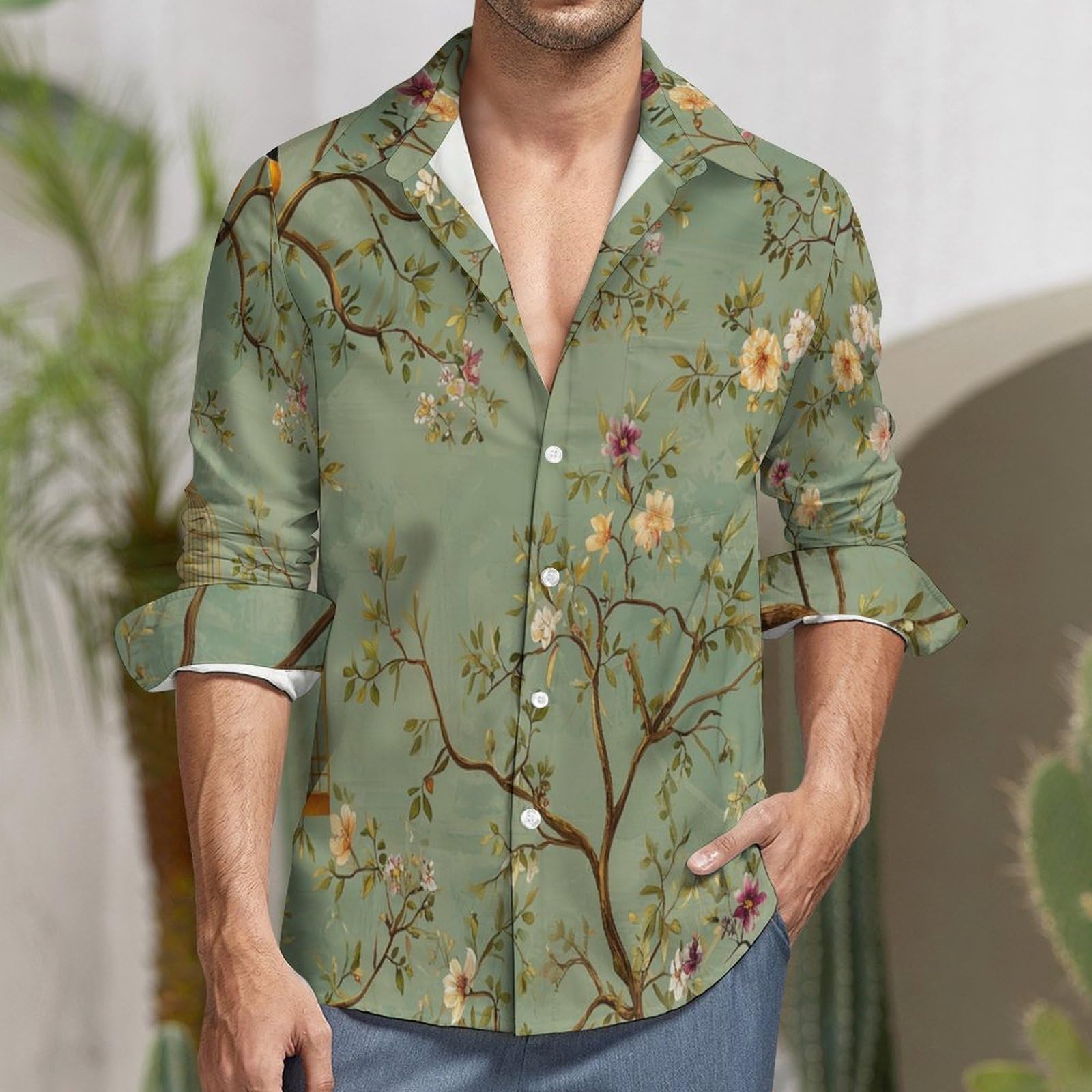 Hombres Camisa de Manga Larga Verde de Lino para con Bolsillo y Corte Regular Fit para Ocasiones de Playa y Vestir Casual Camisa de Verano Pájaro De Rama De Árbol Retro