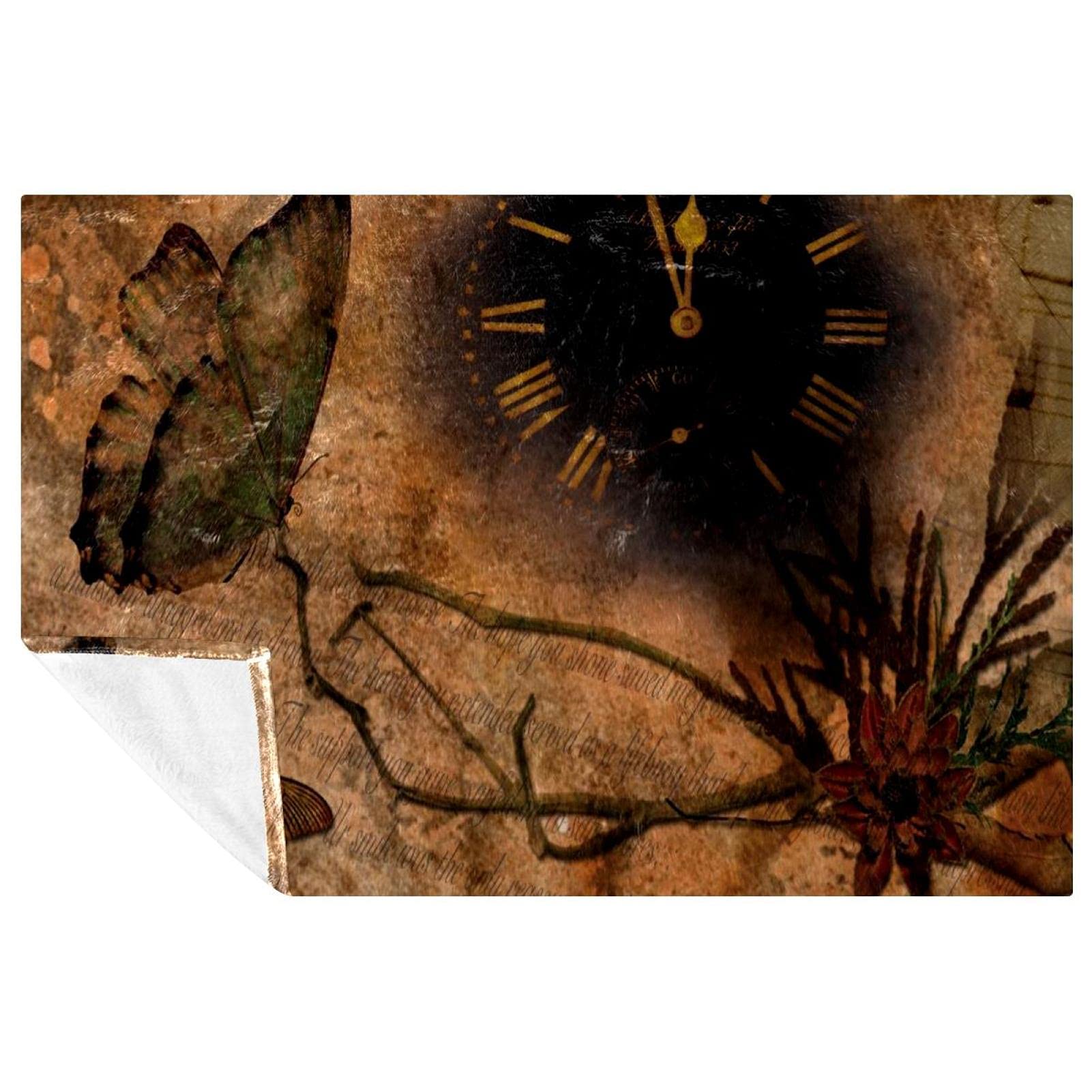 Couverture chaude motif horloge et fleurs 150x100 cm idéale pour canapé et pique-nique