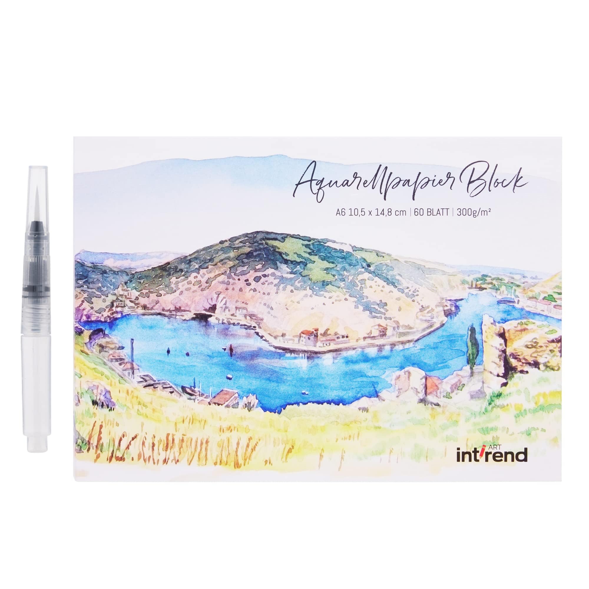 int!rend Watercolour Paper Book A6-60 Sheets 300 g - Includes 1 Water Reservoir Brush Pen - Drawing Material for Watercolour Painting