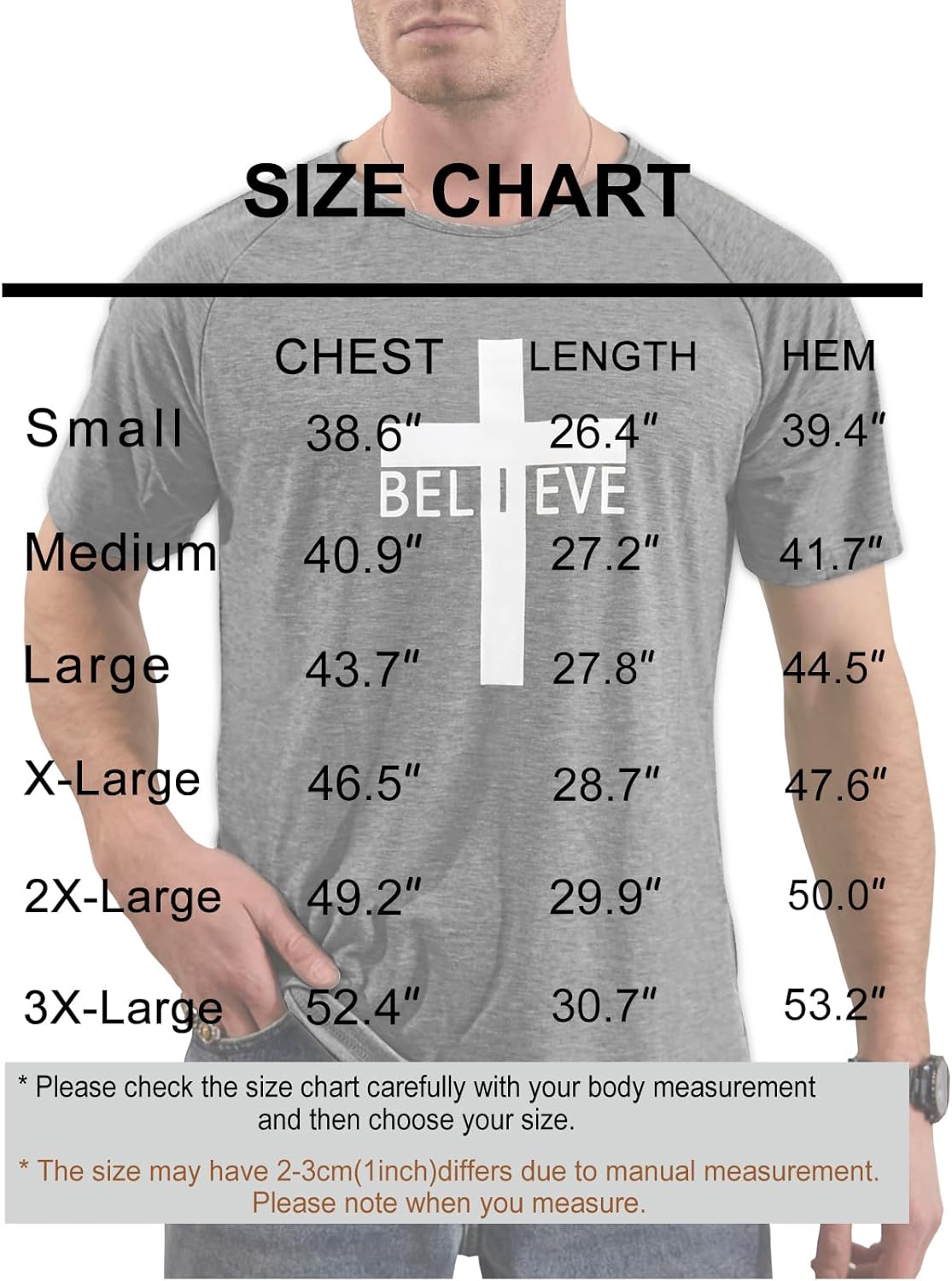 Men's Short Sleeve Crewneck Graphic Tee Believe Cross Print Christian Shirts Workout Shirts - Image 4