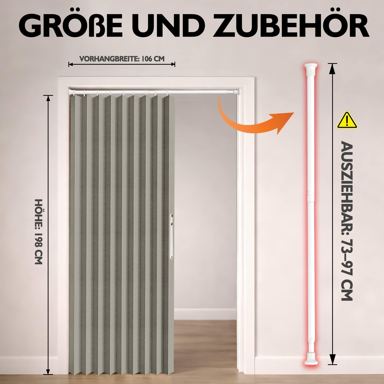 Magnetischer Türvorhang Blickdicht, ohne Bohren – Mit Teleskopstange, Faltenbalg-Design für Schlafzimmer & Flur (Grau, 198 x 106 cm, 1er Pack)