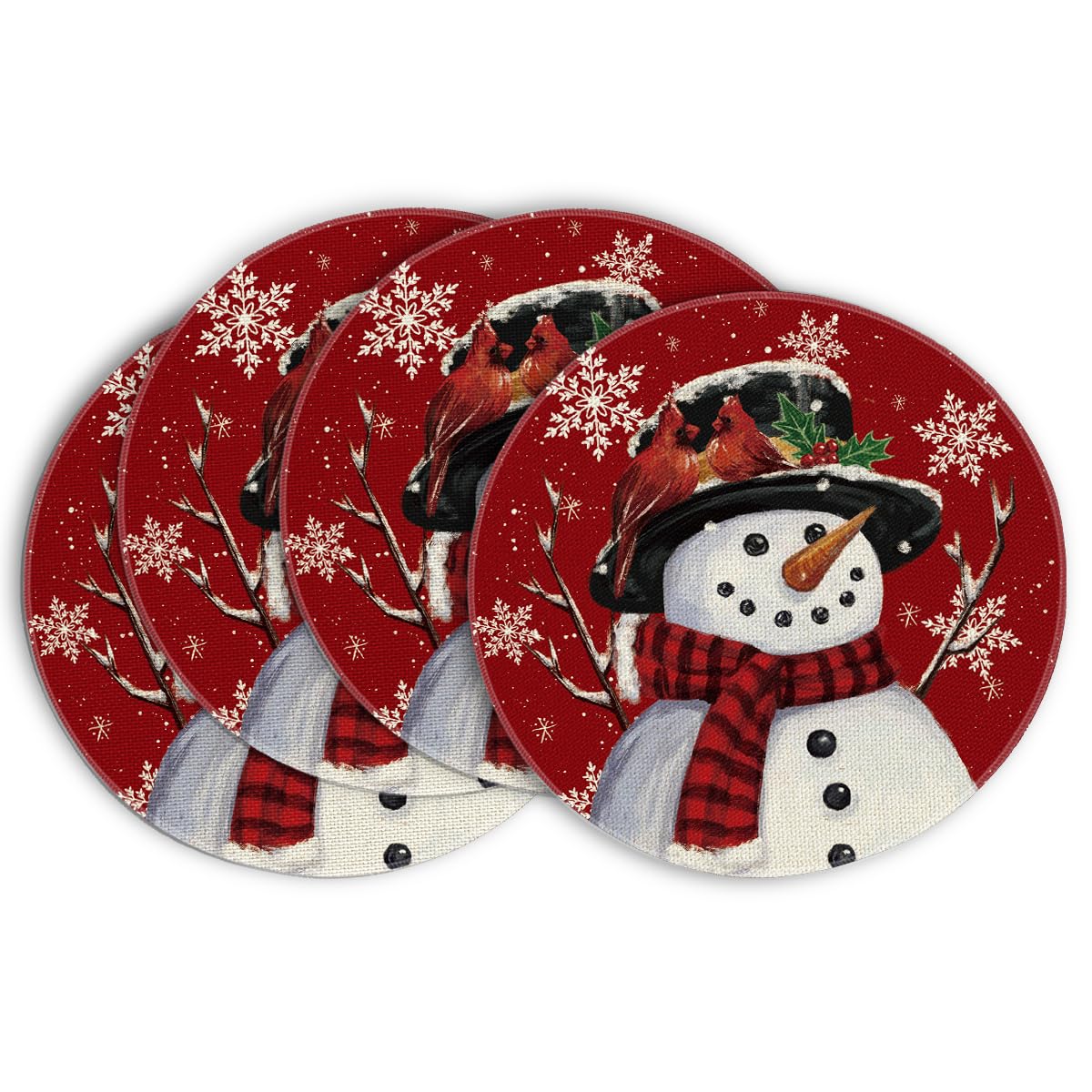 Artoid Mode Red Snowman Let It Snow Winter Placemats Set of 4, 15 Inch Seasonal Christmas Xmas Round Table Mats for Dining Decoration