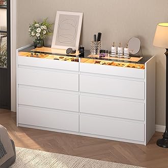 White 8 Drawer Dresser for Bedroom with LED Light, Modern Dresser Chest of Drawers with Hidden Handles and Glass Top, Dressers Organizer for Bedroom, Closet, Living Room