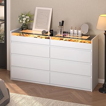 DWVO 8-Drawer LED Dresser, White Modern Chest of Drawers with Deep Storage, Tempered Glass Top & High-Gloss Finish, Stylish Organizer Cabinet for Living Room, Bedroom, or Office Spaces