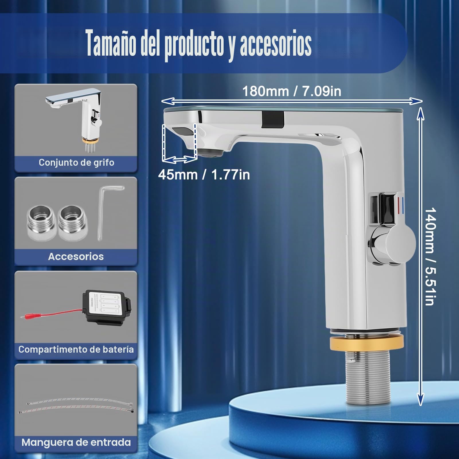 Gugxiom Grifo de Baño sin Contacto, Grifo de Lavabo de Baño con Sensor Automático LED Manos Libres, Núcleo de Válvula de Cerámica, para Baños Cocinas Aseos