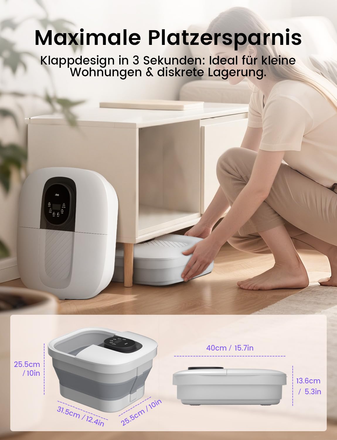 RIKE Pediluvio pieghevole con riscaldamento rapido PTC e massaggio, massaggiatore per piedi pieghevole con controllo preciso della temperatura LCD e luce rossa, regalo di benessere per anziani e