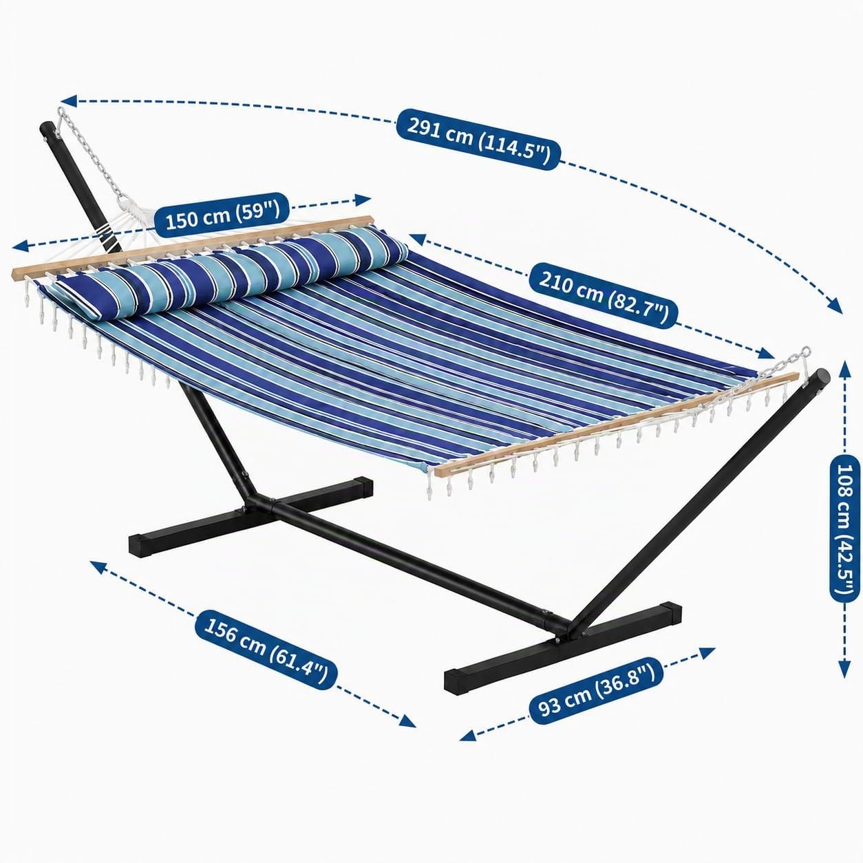 Doppelhängematte mit Gestell für 2 Personen, 290× 150 cm (L× B) | Inkl. Tragetasche | Stahlgestell Bis 215 kg | Robuster Stahlrahmen | Für Terrasse, Balkon, Veranda, Garten Und Schlafzimmer