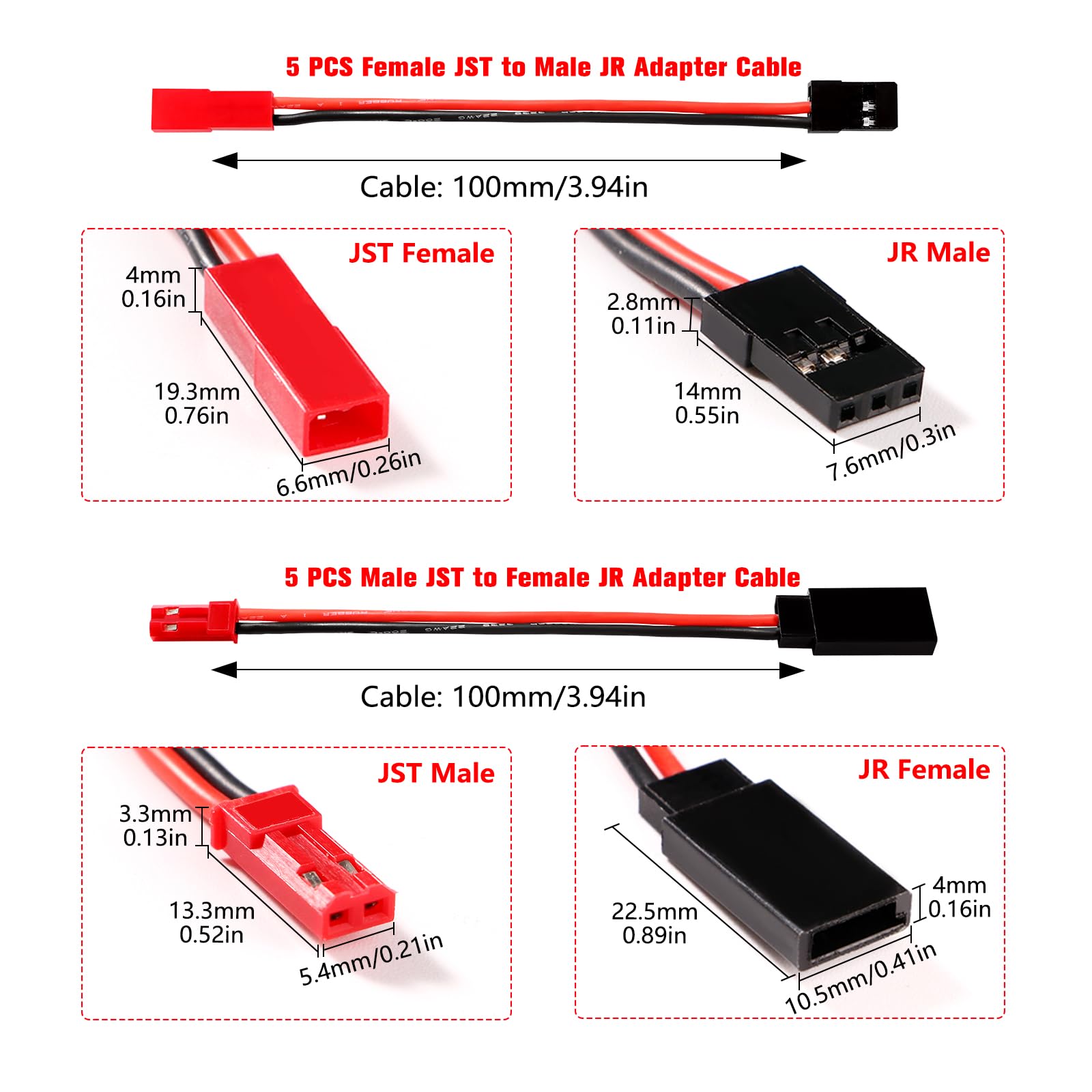 Câble Adaptateur JST JR 10 Pièces 10 Câbles Adaptateurs JST Vers JR (5 Mâles + 5 Femelles) – 22AWG 10 Cm Pour RC, Avion, Hélicoptère, Voiture Câble Adaptateur JST JR 10 Pièces 10 Câbles Adaptateurs JST Vers JR (5 Mâles + 5 Femelles) – 22AWG 10 Cm Pour RC, Avion, Hélicoptère, Voiture