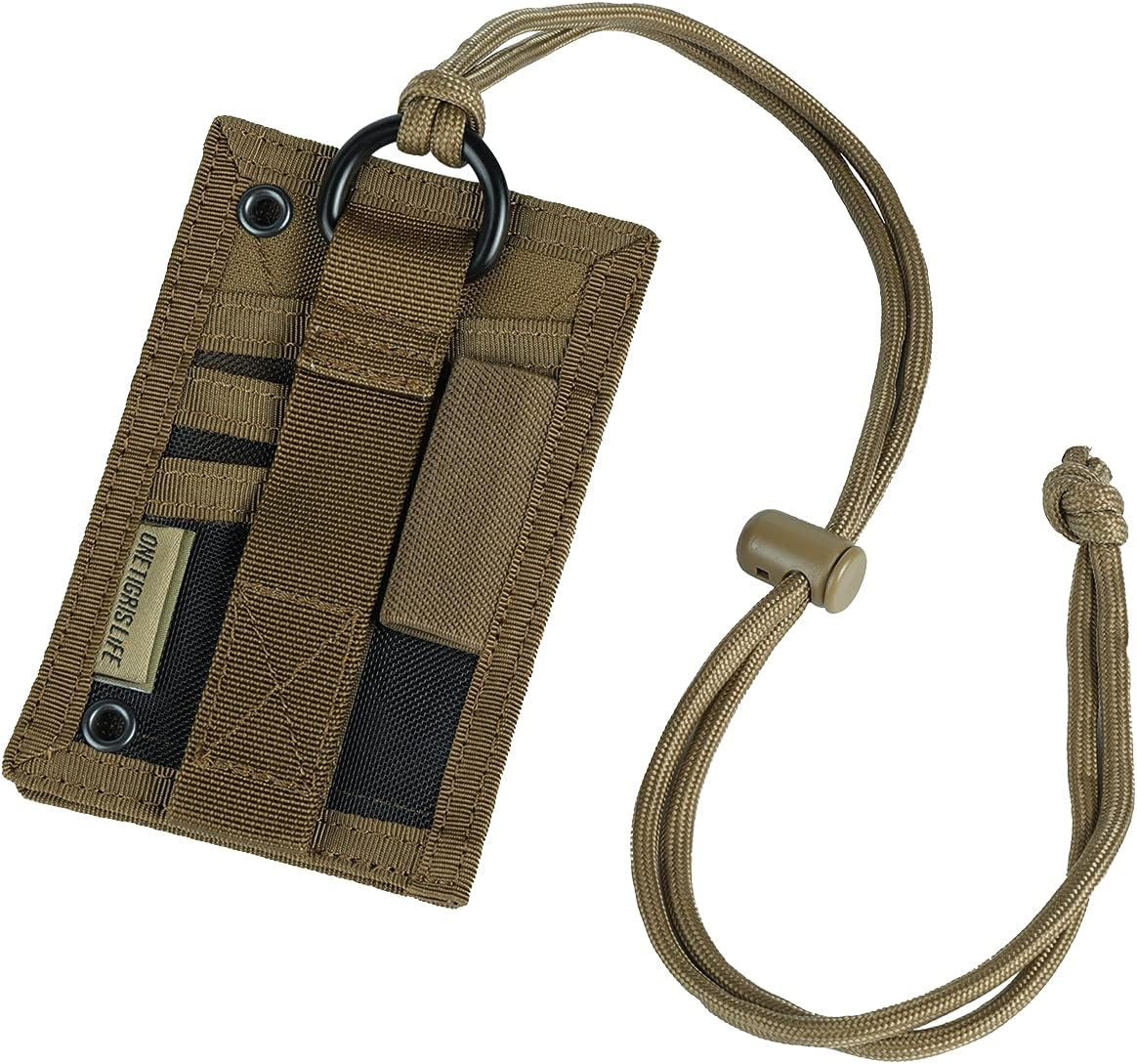 Tactical ID Card Holder with Velcro Neck Strap Keychain and Credit Card Organizer Coyote Brown