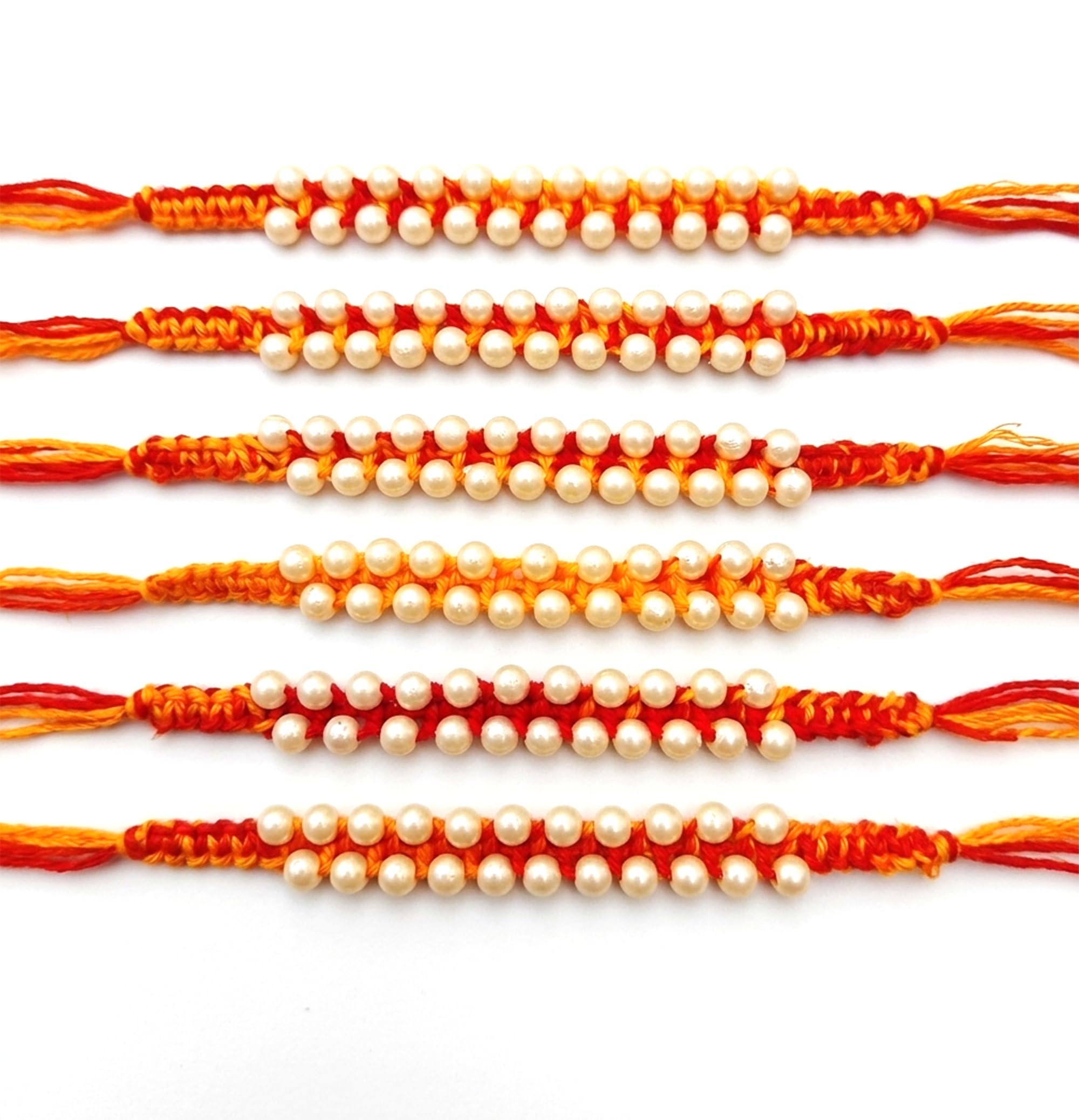 Handmade Moli Kalawa Rakhi for Brother - Traditional Red and Yellow Thread Bracelet with Pearl Beads - Set of 6 Designer Rakhi Threads for Raksha Bandhan-image-20
