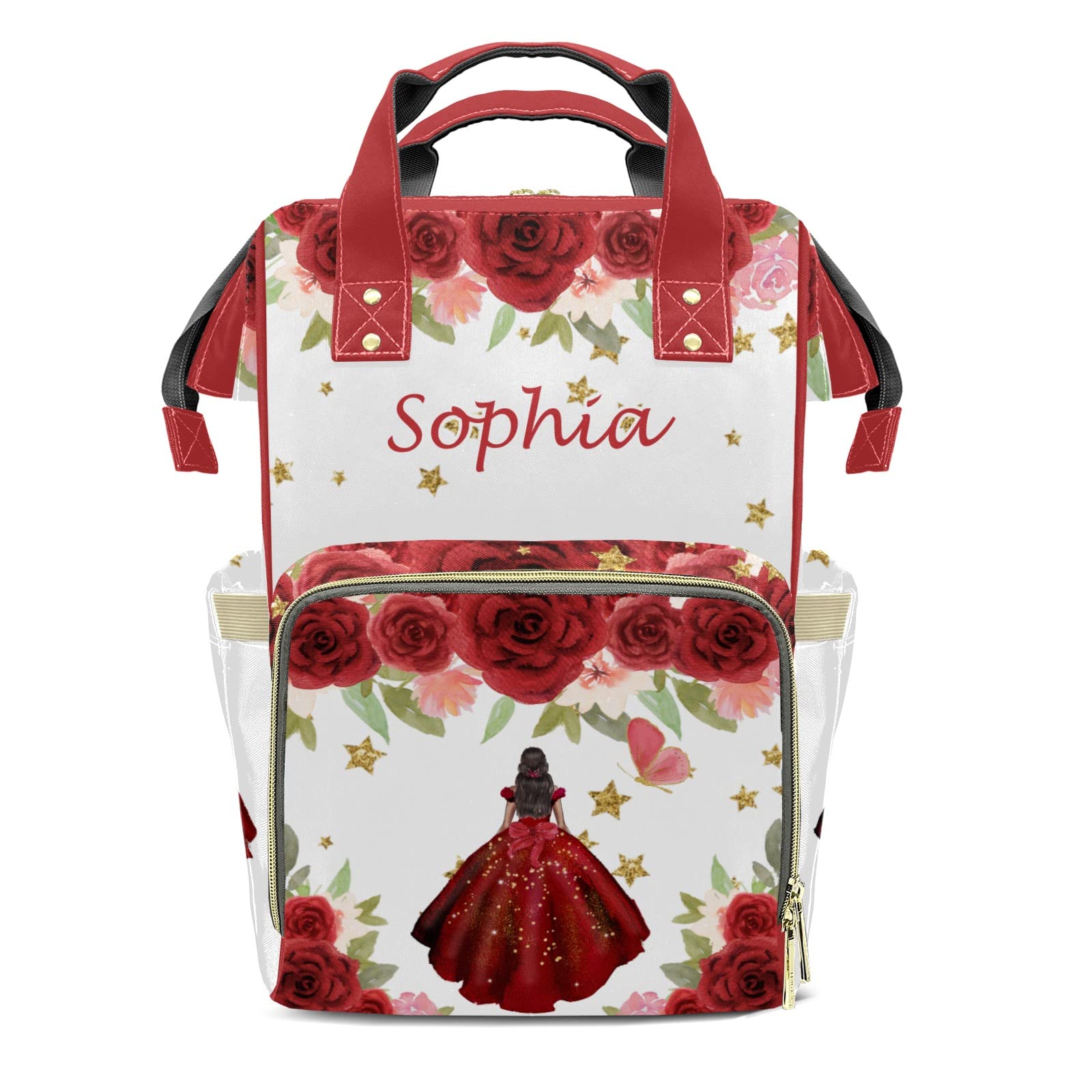 Red Floral Gold Star Girl Mommy Bag for Baby Girl Custom Diaper Bag Backpack Waterproof Multi-Function Travel Camping Picnic Diaper Carrying Bag