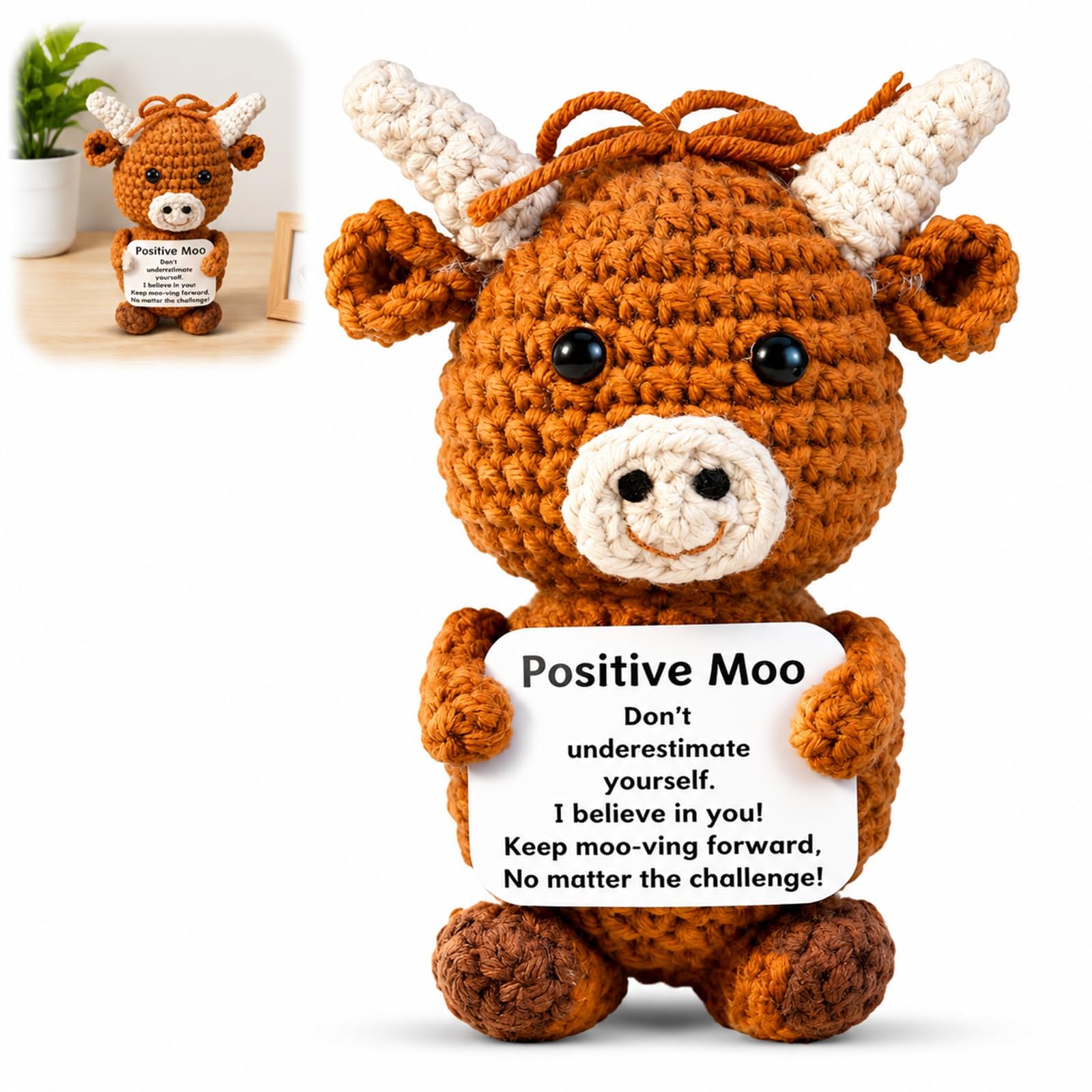 Hand Crocheted Highland Cow Plush Toy with Inspirational Card - Soft Yarn Comfort Gift for Friends, Family, Colleagues, Birthday or Christmas Desk/Home Decor (Positive Moo Cow)