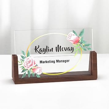 Office Desk Name Plate Personalized - Custom Name Plate for Desk, Acrylic Name Plate with Wooden Base, Unique Gifts for Women - 7"x4.3"
