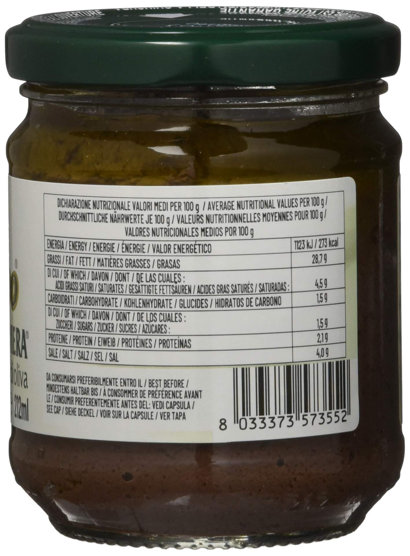 Le Terre di Colombo Pasta de Aceitunas, Riviera en Aceite de Oliva Virgen Extra 10 %, Tarros de 212 Ml Lote de 6
