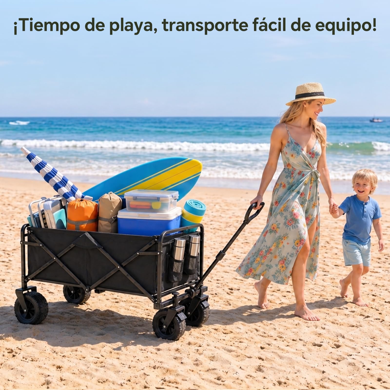 Carrito Plegable 200L 160kg, Carro Playa Ruedas Grandes 84x48x100cm, Carrito de Jardín Equipada con Ruedas Todoterreno Giratorias de 360°, Ideal para Acampadas, Compra, Perros, el Jardín y Playa