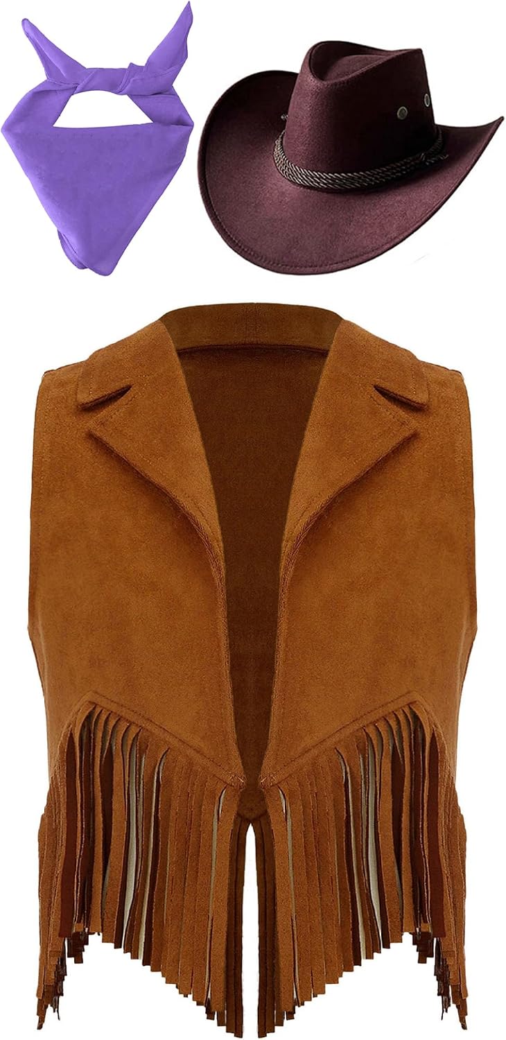 Girls Western Cowgirl Cowboy Outfit Kids Sleeveless Jacket Vest with Cowboy Hat Bandana