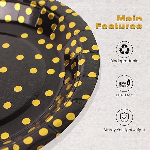 Miniatura 3 de Paquete de 50 platos de papel negros y dorados, 7 pulgadas, metálicos con lunares de papel de aluminio, desechables, platos de postre para fiestas,