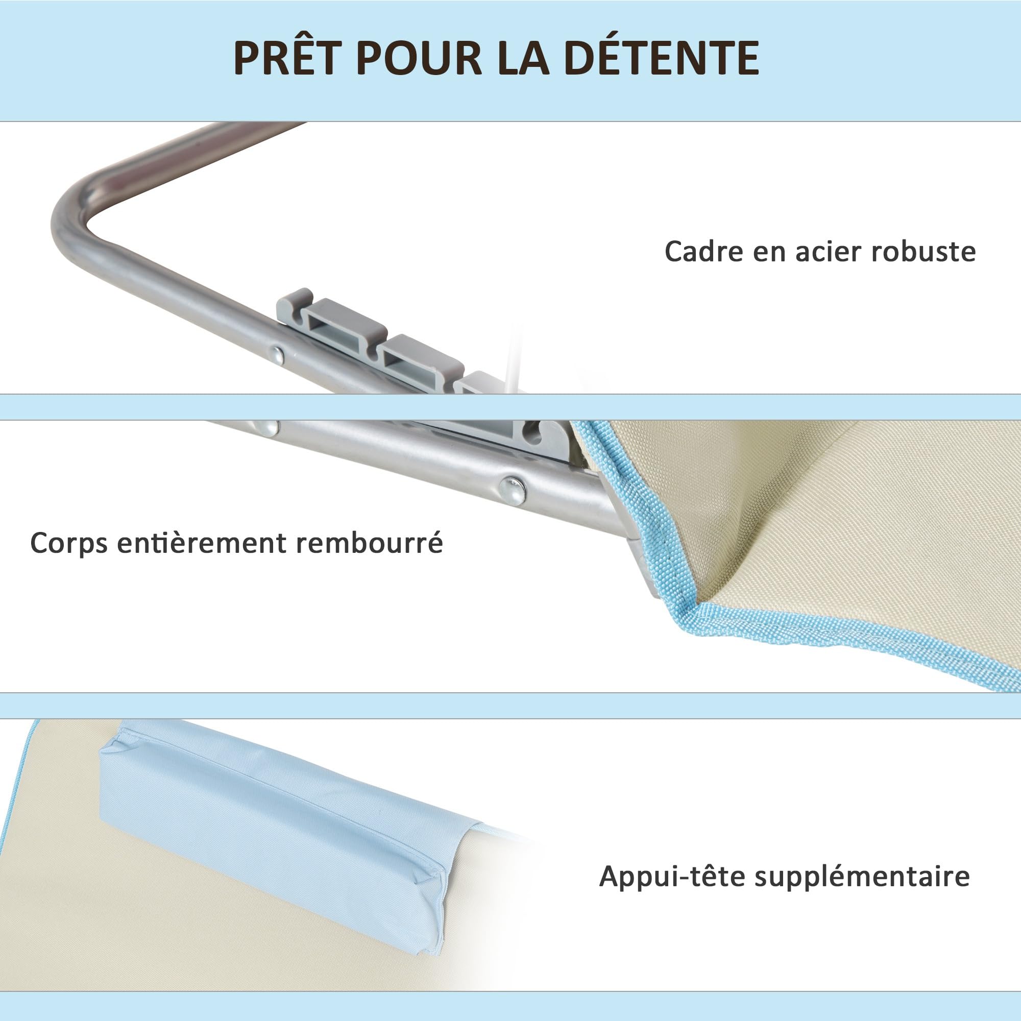 Outsunny Lot de 2 Tapis de Plage pliants Matelas de Plage avec Dossier réglable 5 Positions, Appui-tête réglable, Tissu Oxford, Sac de Transport Inclus, dim. 124L x 53l x 35-45H cm