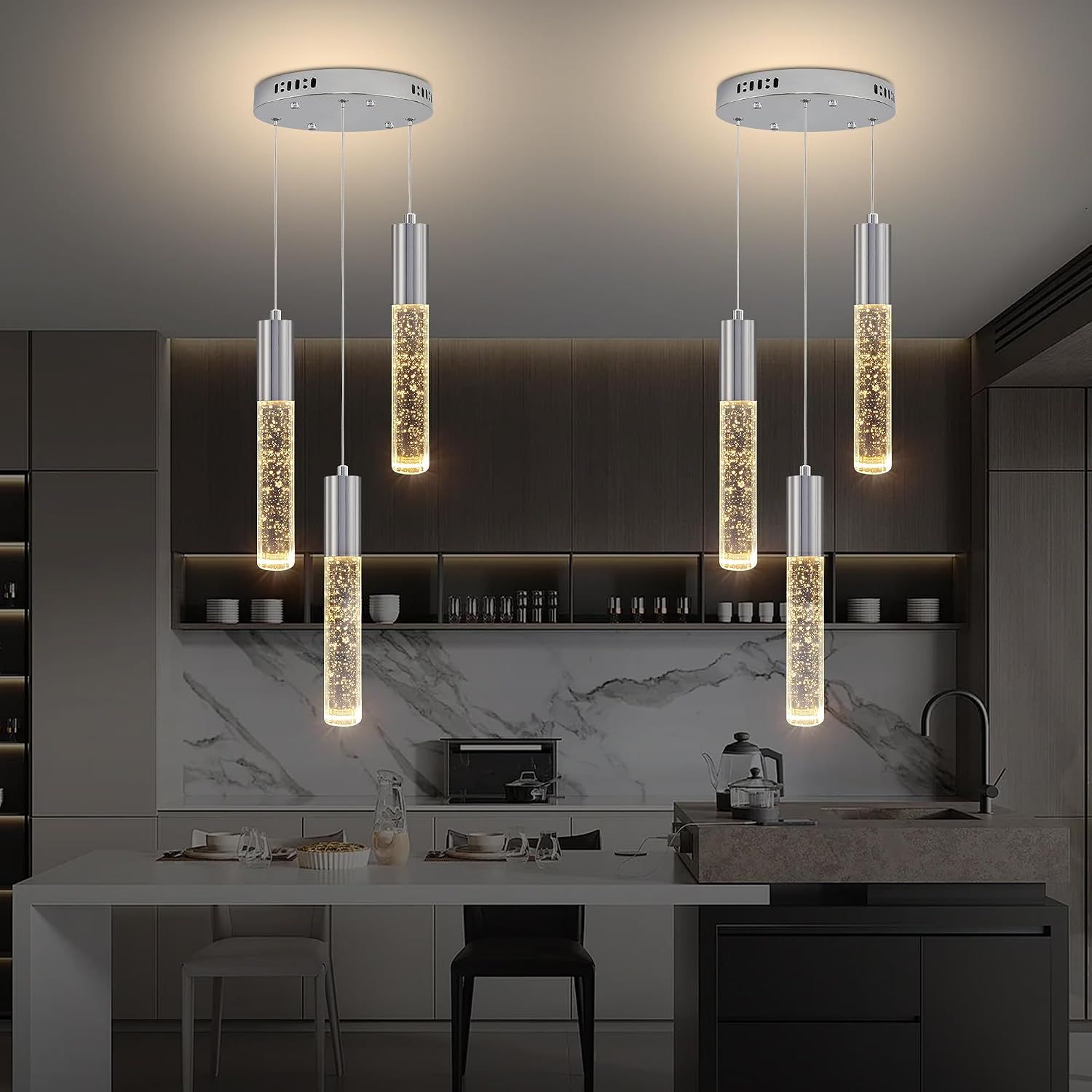 Modern Crystal Chandelier for Kitchen Island 3-Lights, Elegant Chrome LED Bubble Pendant Lighting Fixture for Dining Room Bedroom Entryway