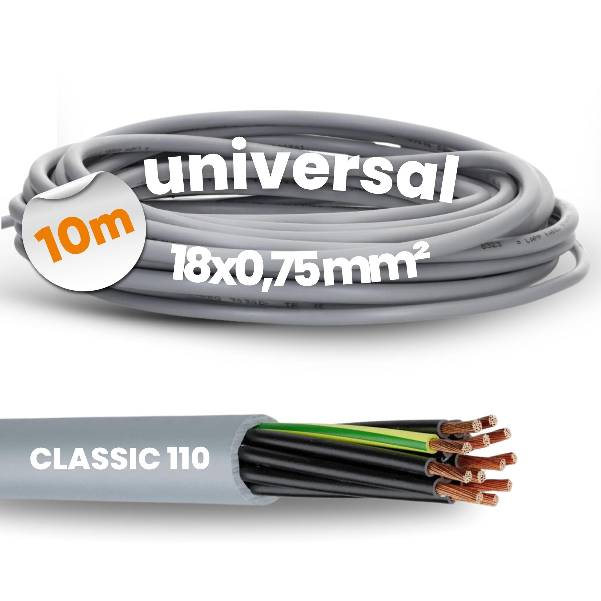 Lapp 10m Cable de Control Ölflex Classic 110 18G0,75 Gris 18 x 0,75 mm2 | Manguera flexible de PVC resistente al aceite, hilos de cobre fino, 300/500V, para maquinaría y uso doméstico seco o húmedo