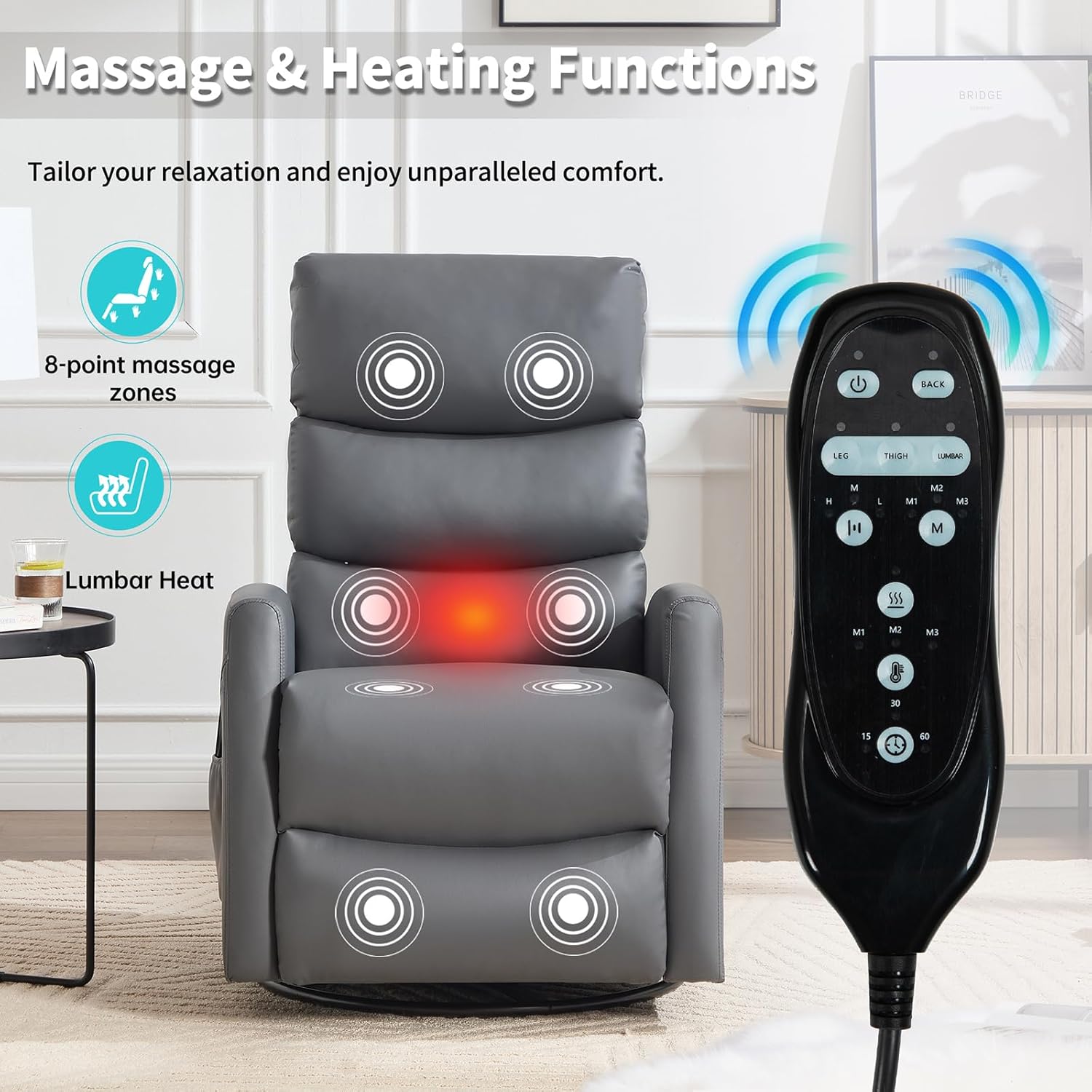 Manual Recliner Chair with Vibration Massage, Swivel Rocker Recliner with Remote Control, Glider Rocking Chair with Lumbar Heat, Reclining Sofa Chairs with Side Pockets for Living Room, Grey